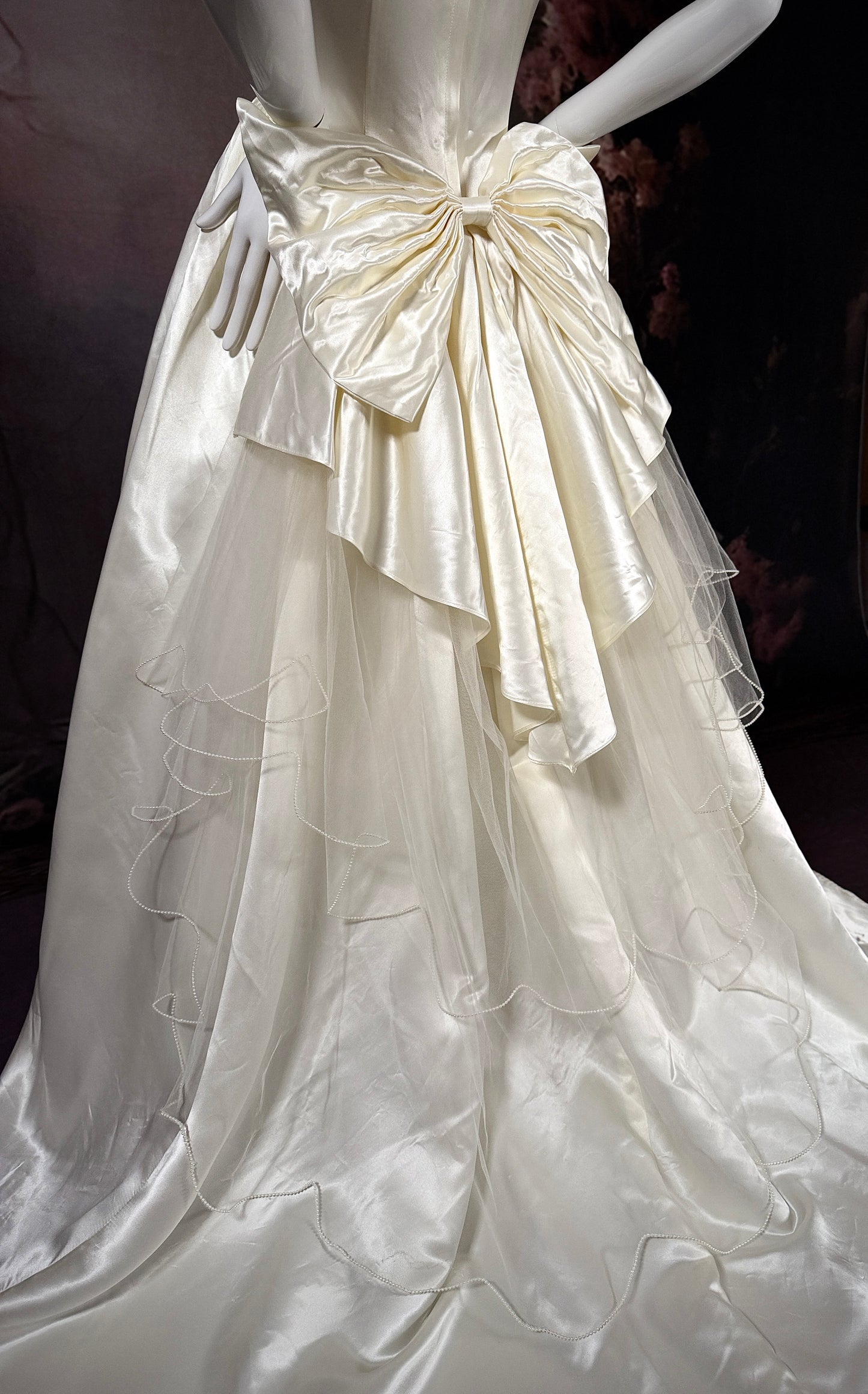 1990's Satin Beaded Wedding Dress W/Trailing Train