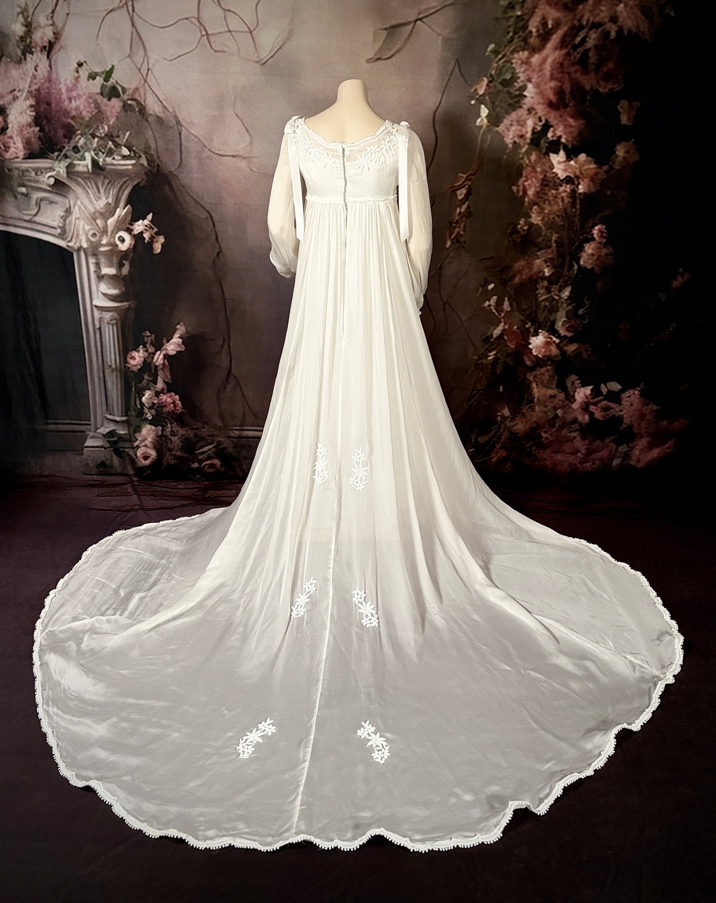1960s Sheer Crepe-Back Satin Empire Waist Wedding Dress w/Trailing Train & Silk Bows