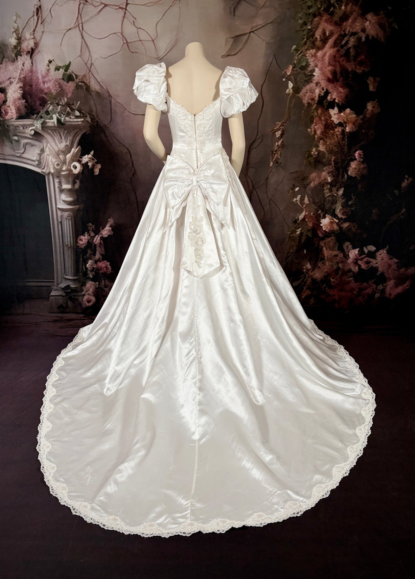 1980s Satin Wedding Dress w/Sweetheart Neckline, Melon Sleeves & Trailing Train - Little Rose Bridal