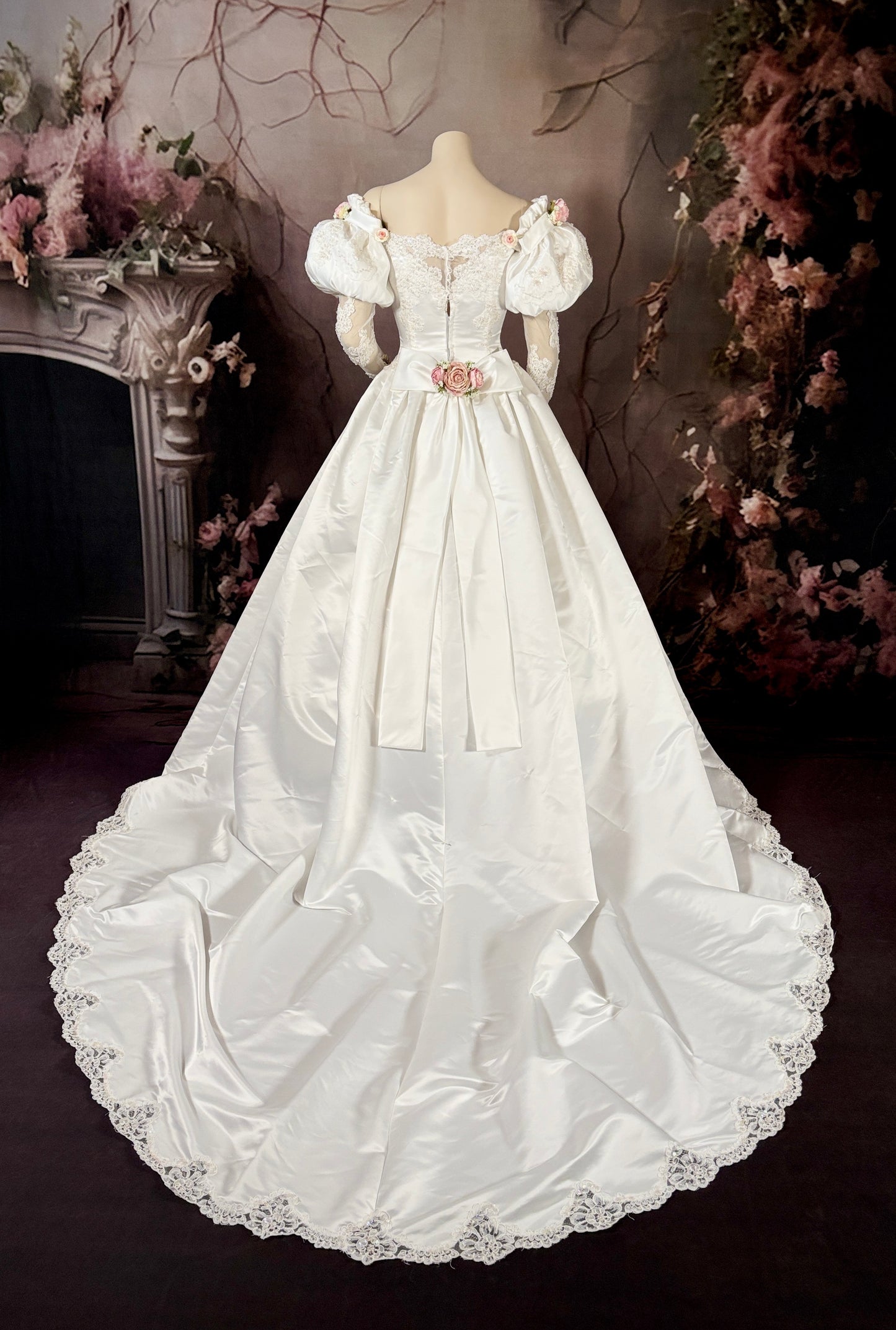 1980s Rose Princess Satin & Lace Wedding Dress w/Juliet Puff Sleeves & Chapel Train - Little Rose Bridal