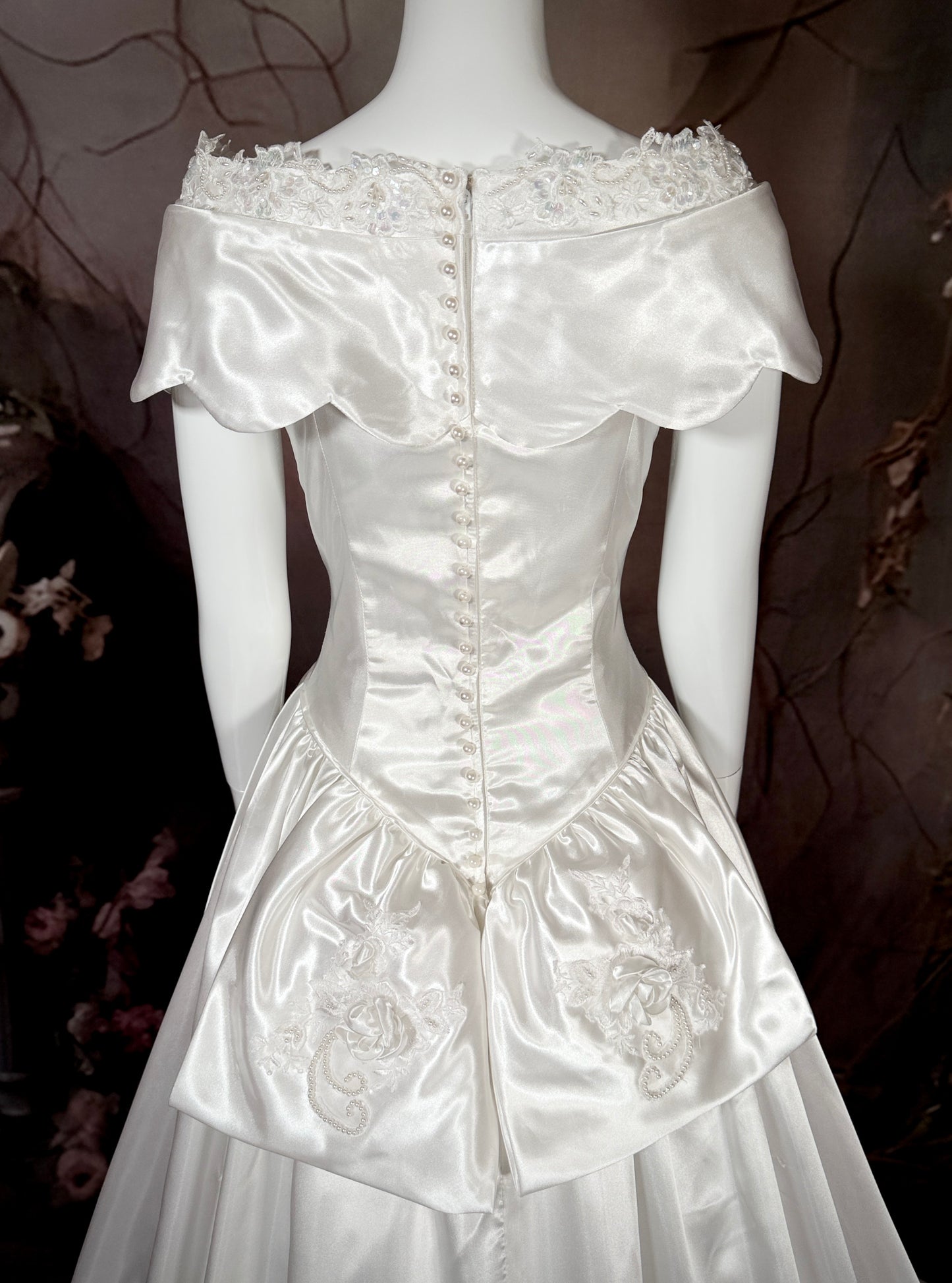 1990's Duchess Satin Rose Beaded Wedding Dress w/Scalloped Train