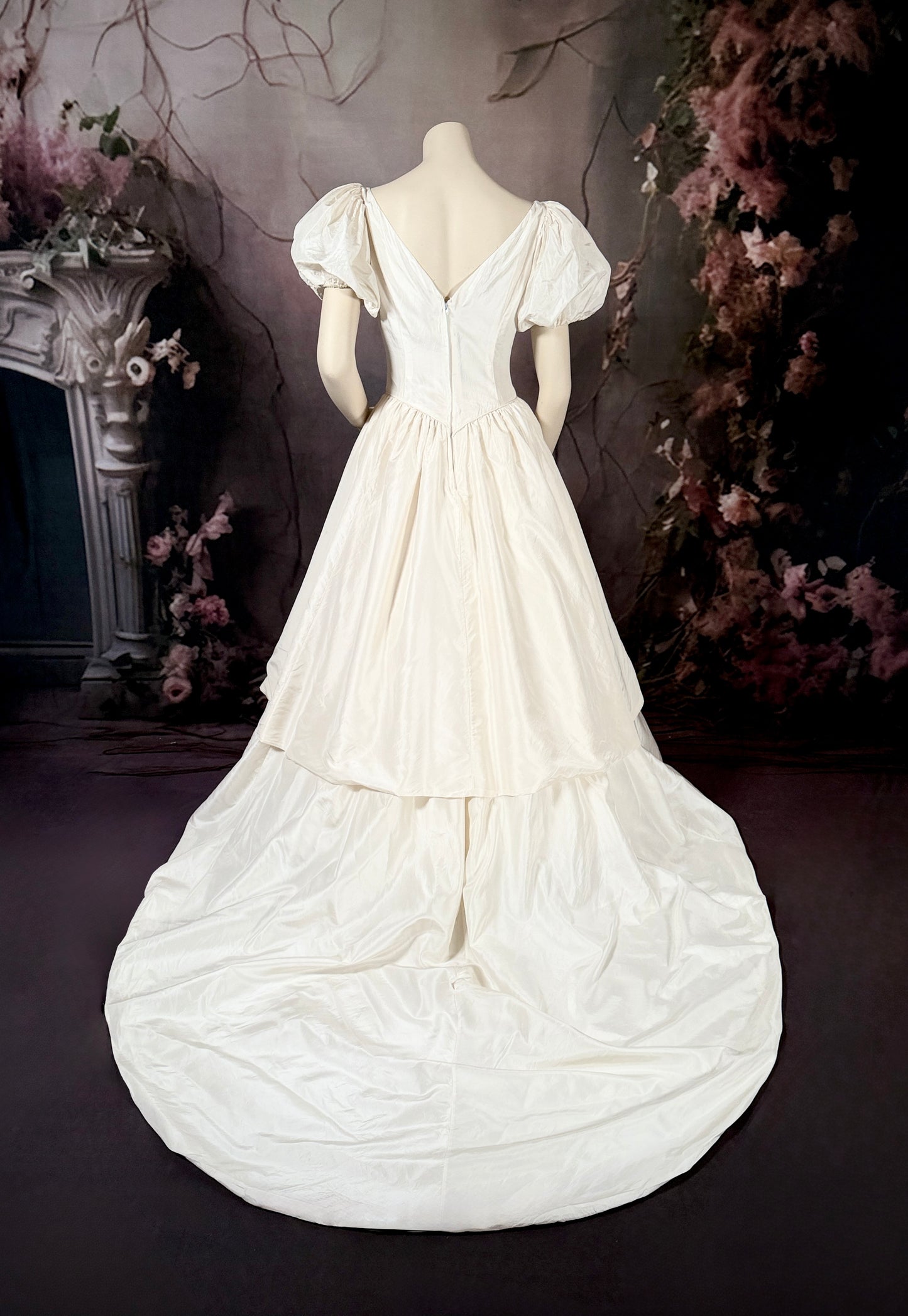 1980s Silk Taffeta & Burnt Rosettes Wedding Dress w/Trailing Train