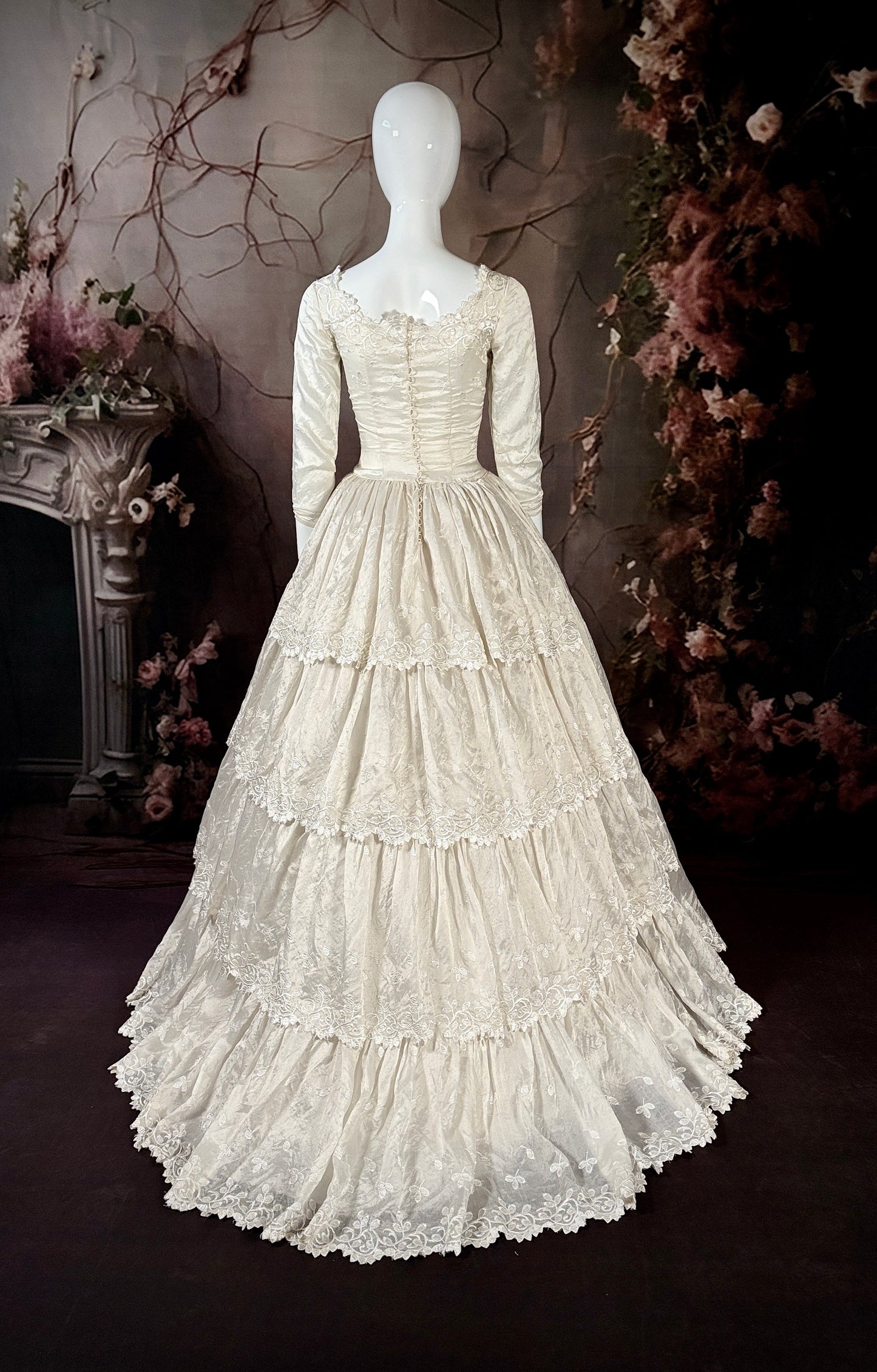 1950s Silk Moiré Embroidered Wedding Dress w/Tiered Sweeping Train