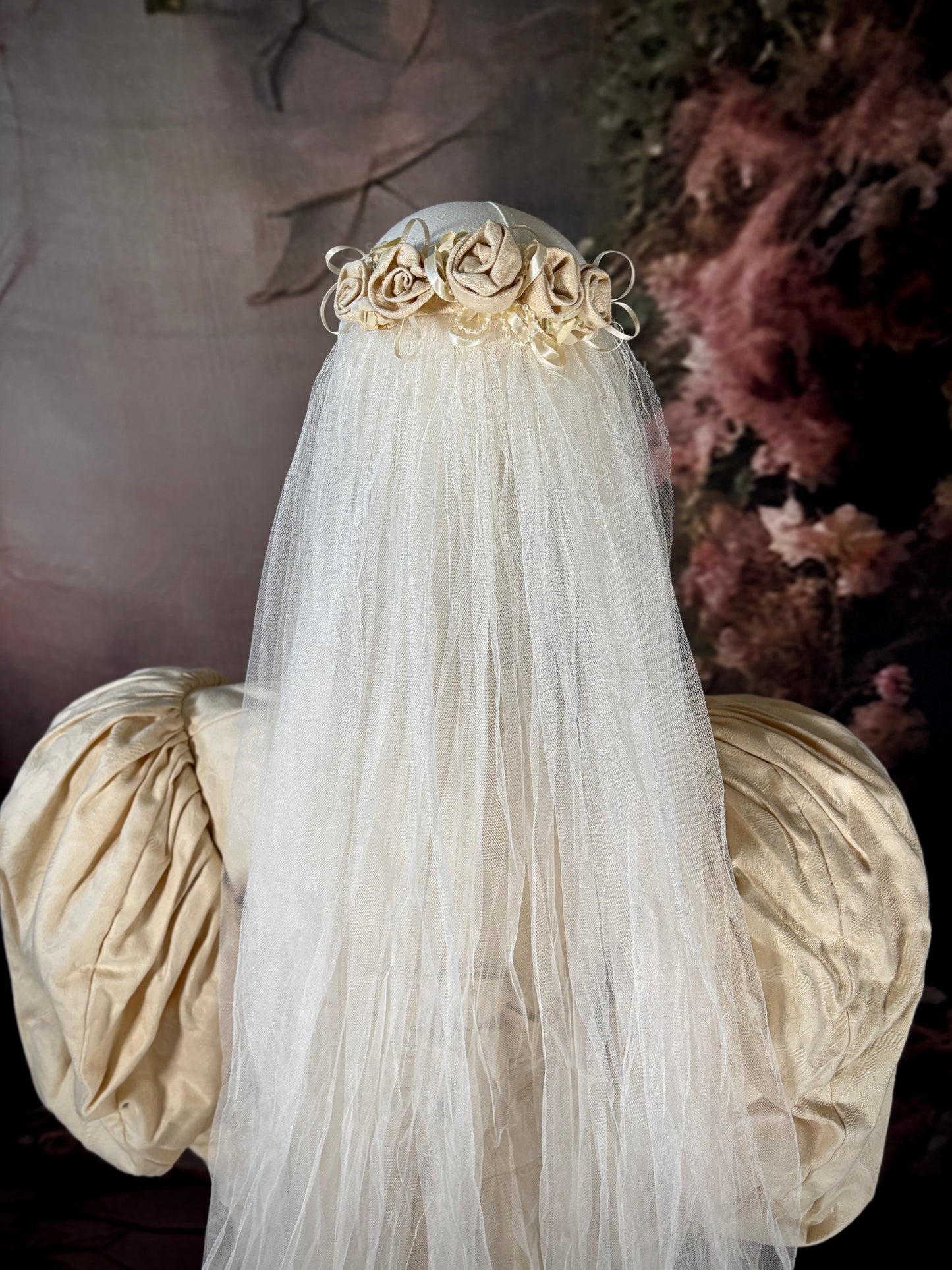 1970s 3pc Victorian Inspired Wedding Dress Set w/Veil & Trailing Train