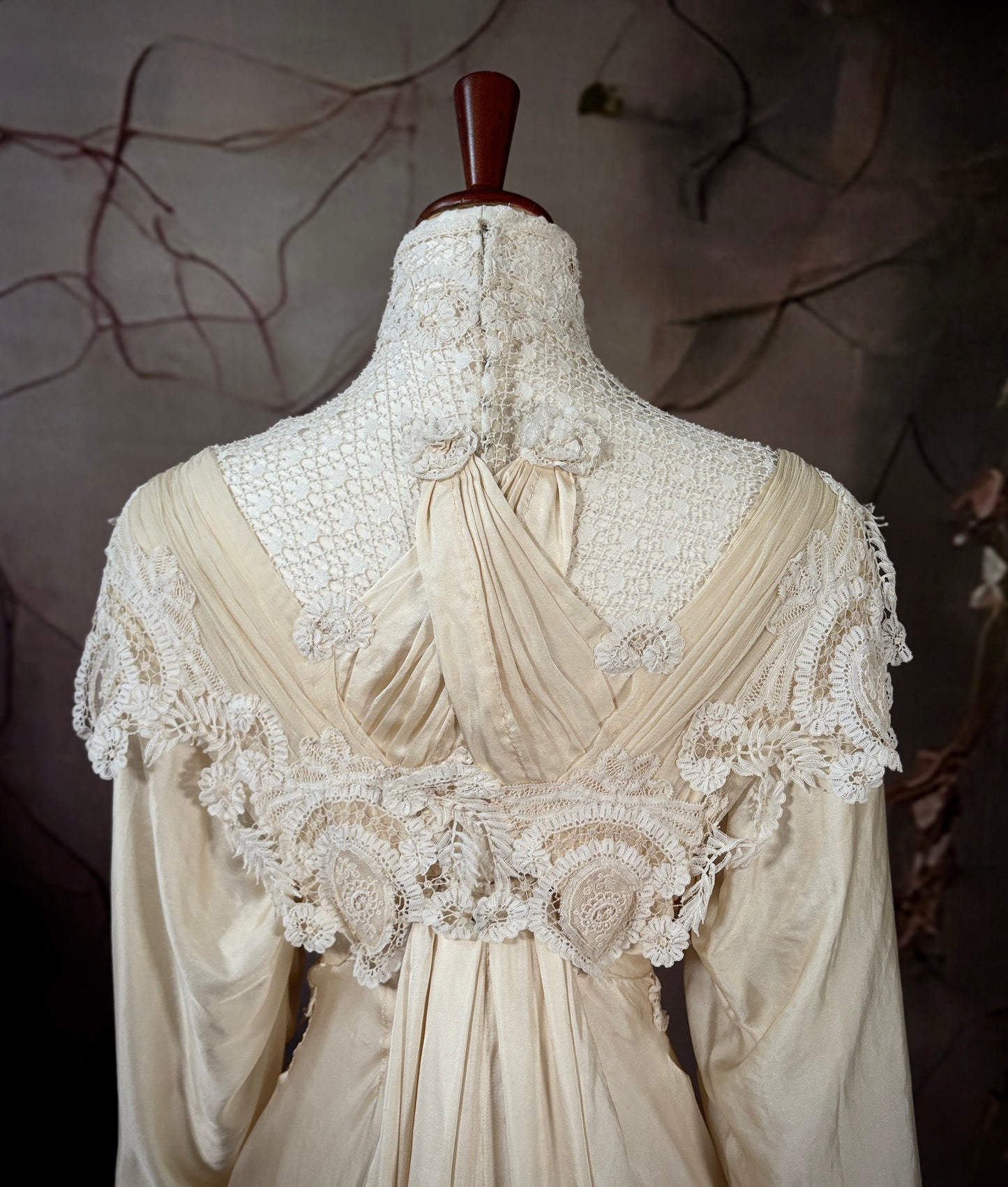 1900s China Silk Charmeuse & Bobbin Lace Wedding Gown w/Trailing Train