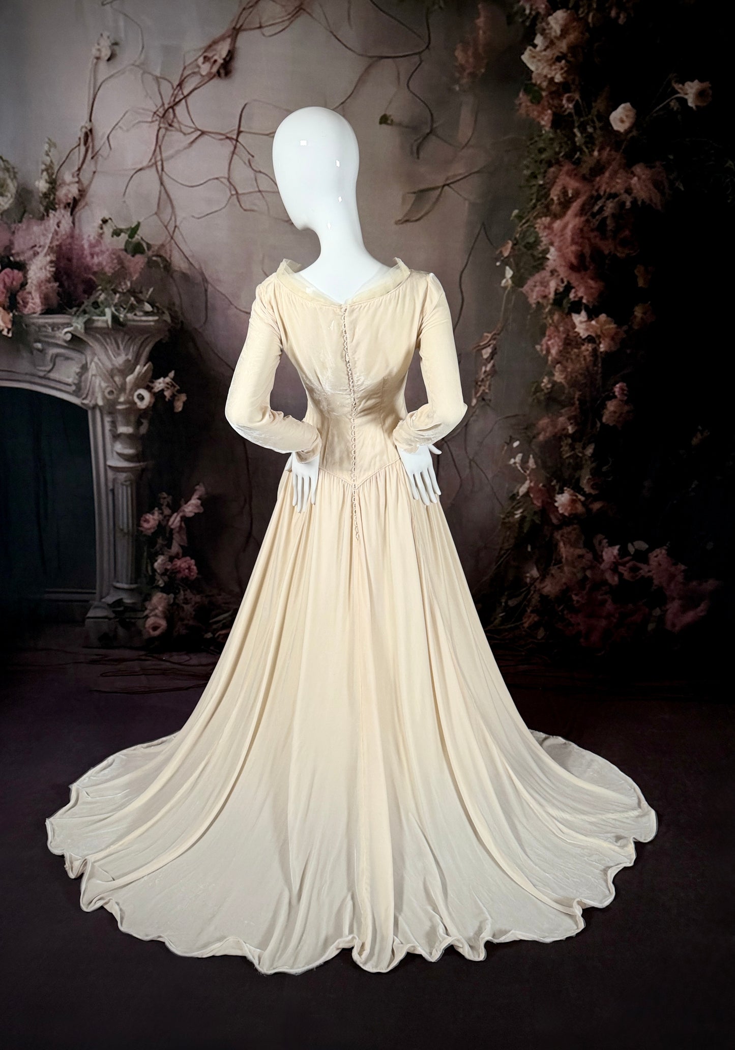 1950s Reimagined “Medieval” Silk Velvet Wedding Dress w/Sweeping Train