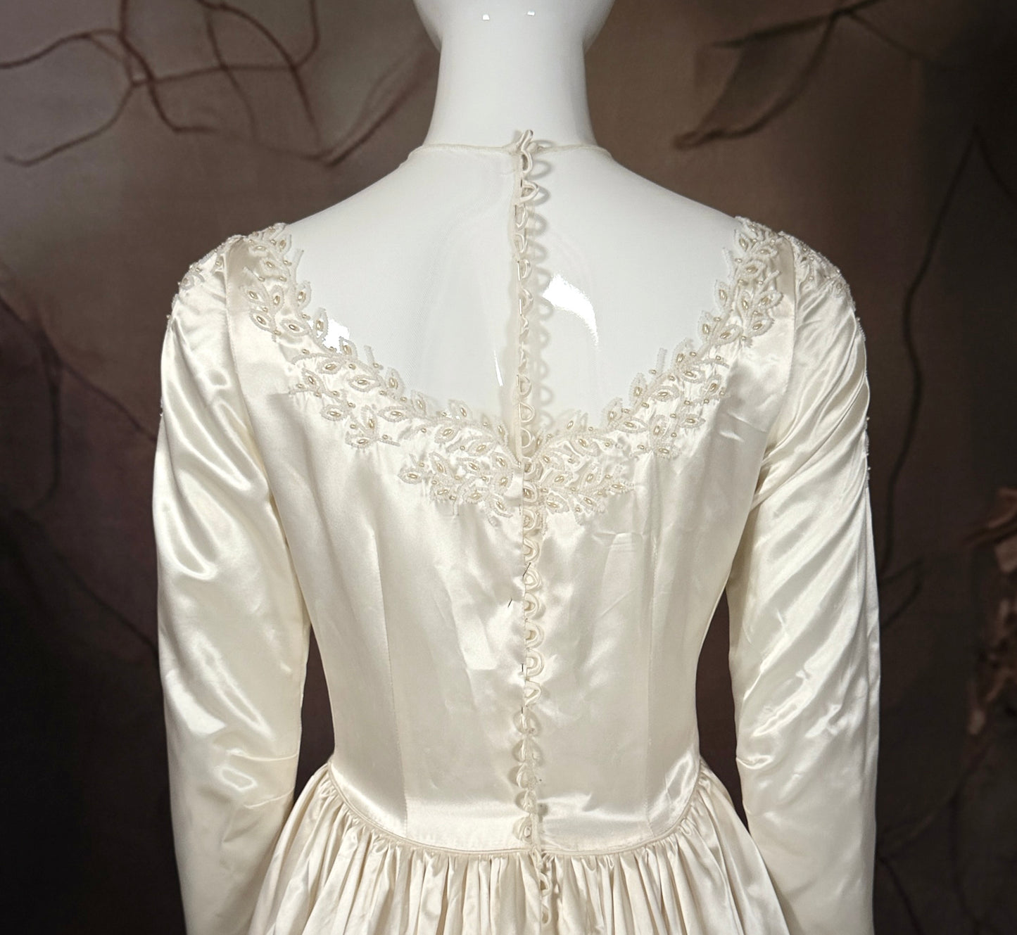 1950s Candlelight Satin Beaded Wedding Dress w/Chapel Train