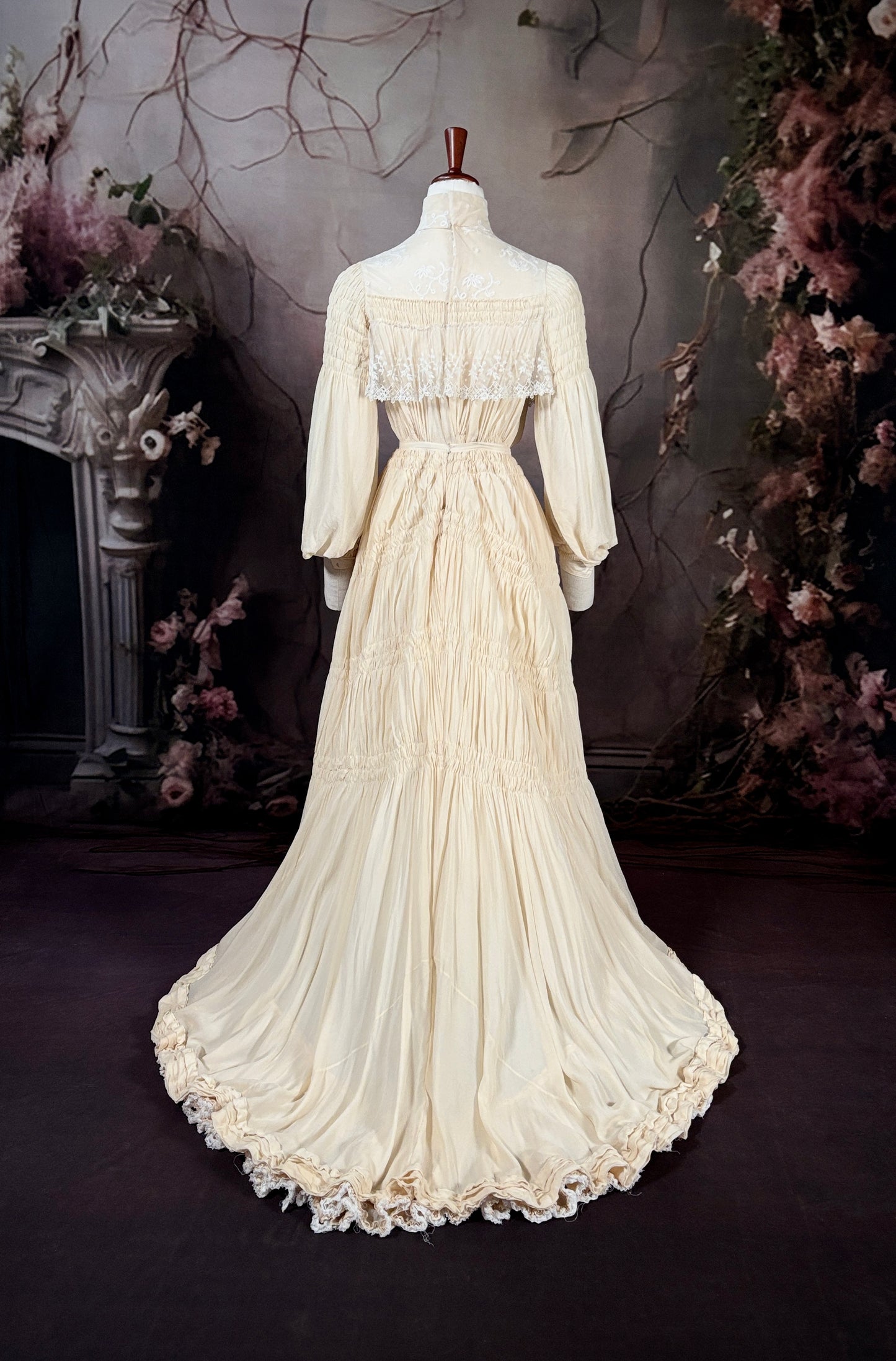 1800s Silk Crepe De Chine Wedding Dress w/ Trailing Train