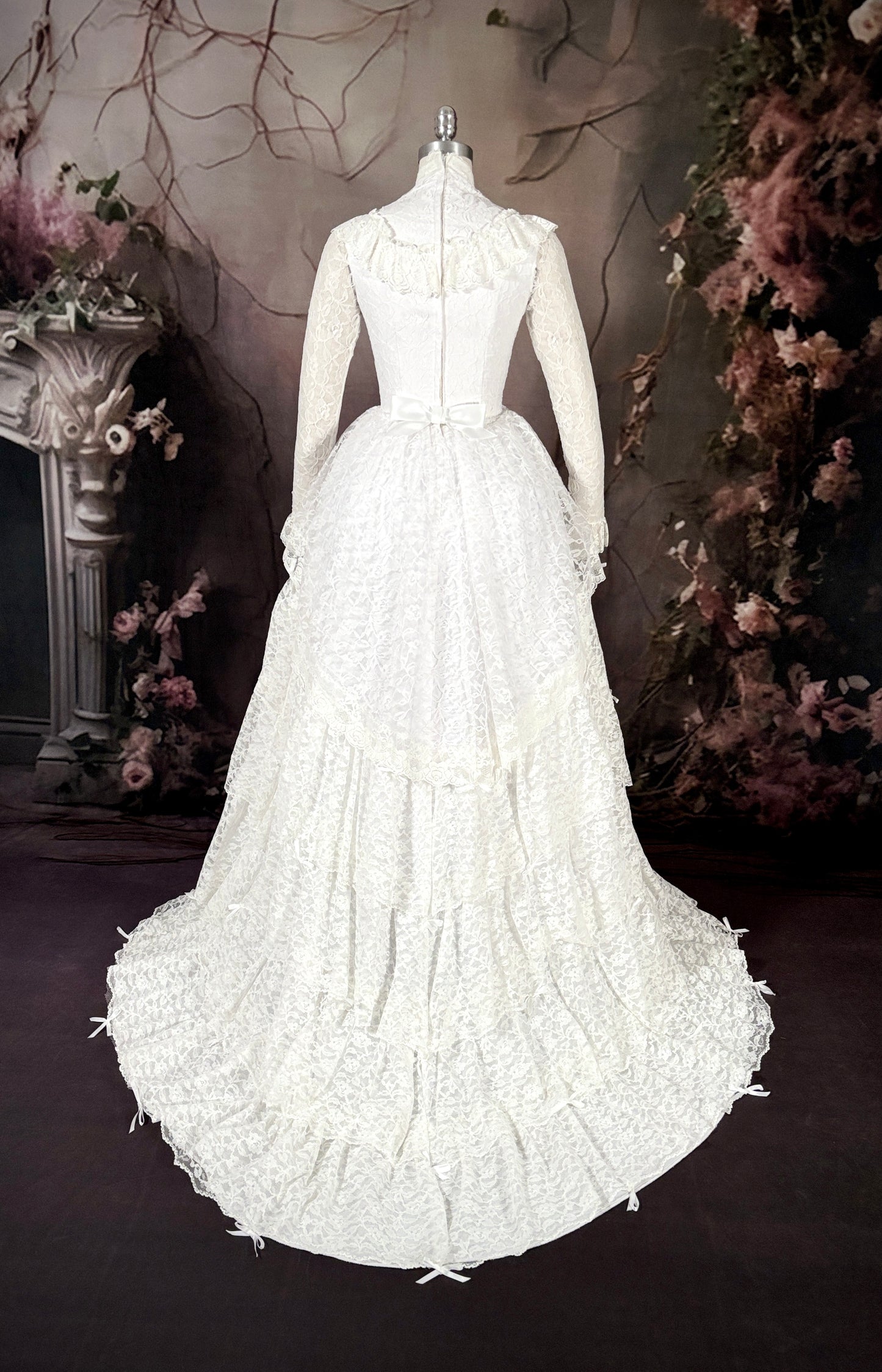 1970s Victorian Inspired Tiered Lace Wedding Dress w/Trailing Train