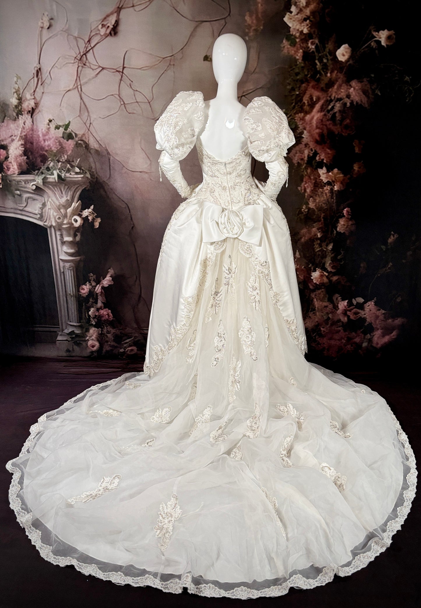 1980s Duchess Satin Wedding Dress w/Juliet Puff Sleeves & Chapel Train