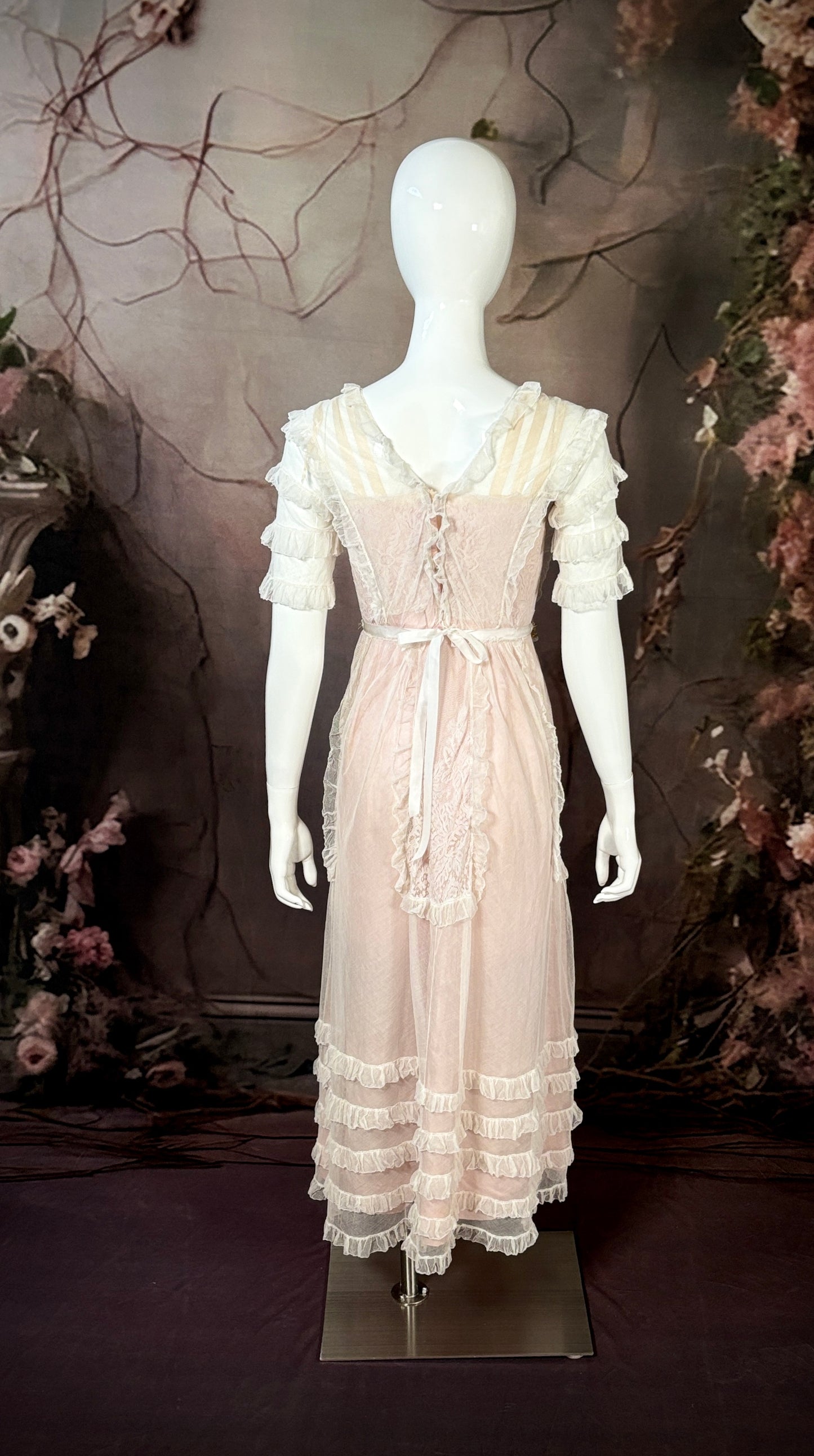 1900s Edwardian Silk Reception Dress in Blush Pink Satin W/Net Tiered Ruffles - Little Rose Bridal