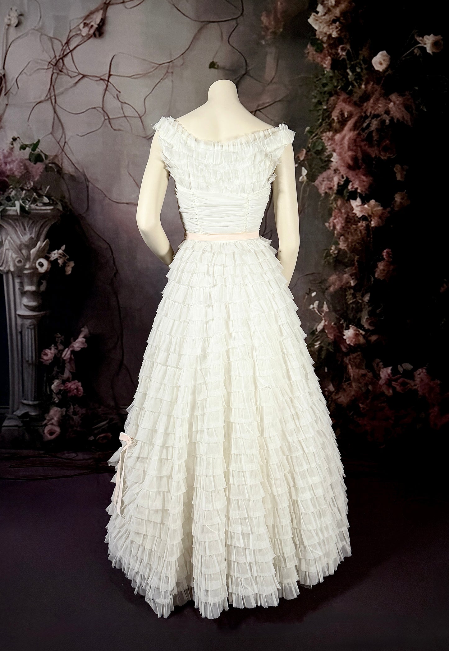 1950s Atelier Tiered Chiffon & Pink Velvet Ribbon Wedding Dress