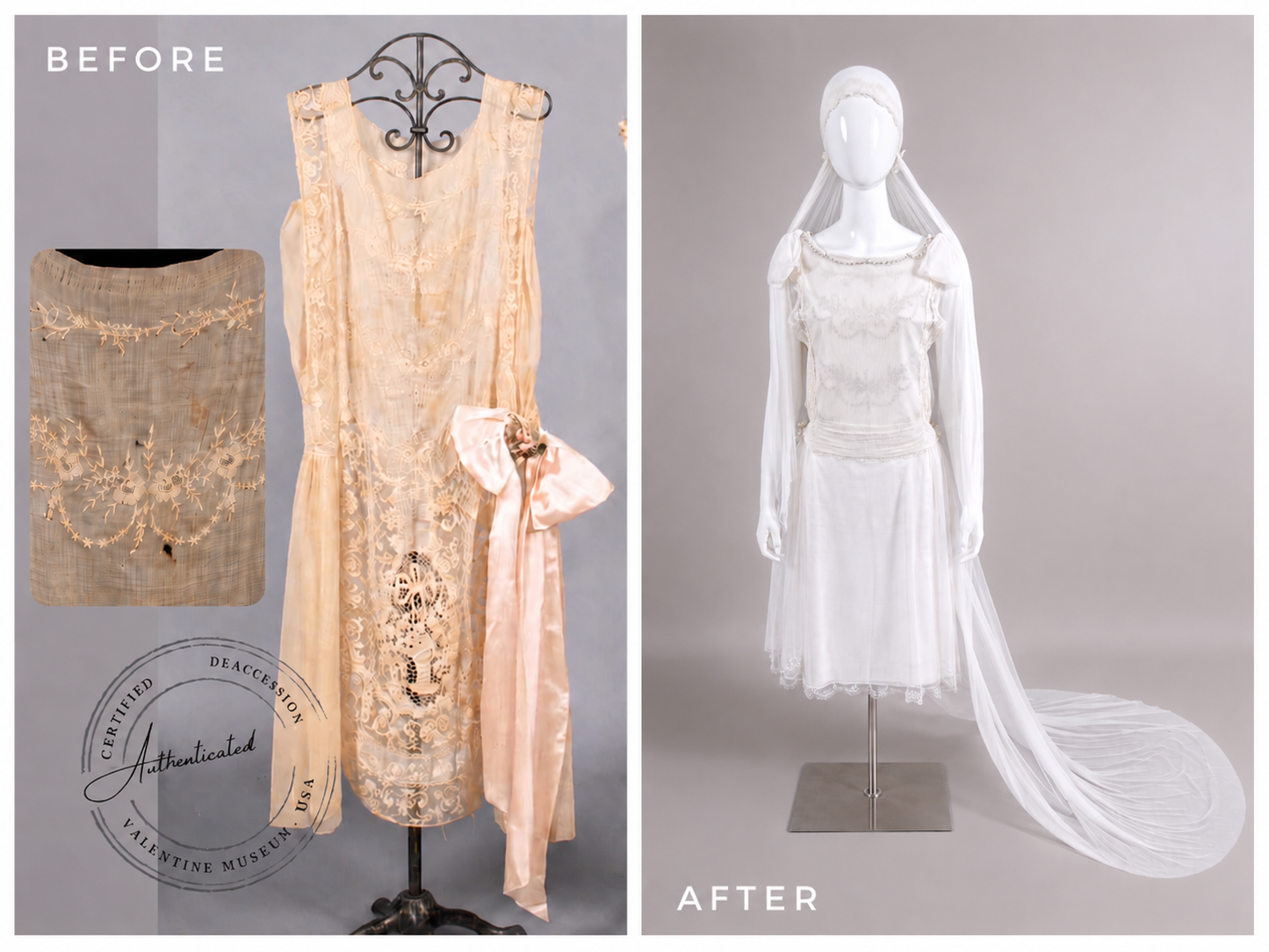 1920s Haute Couture Silk Charmeuse Beaded Wedding Dress & Silk Juliet Veil