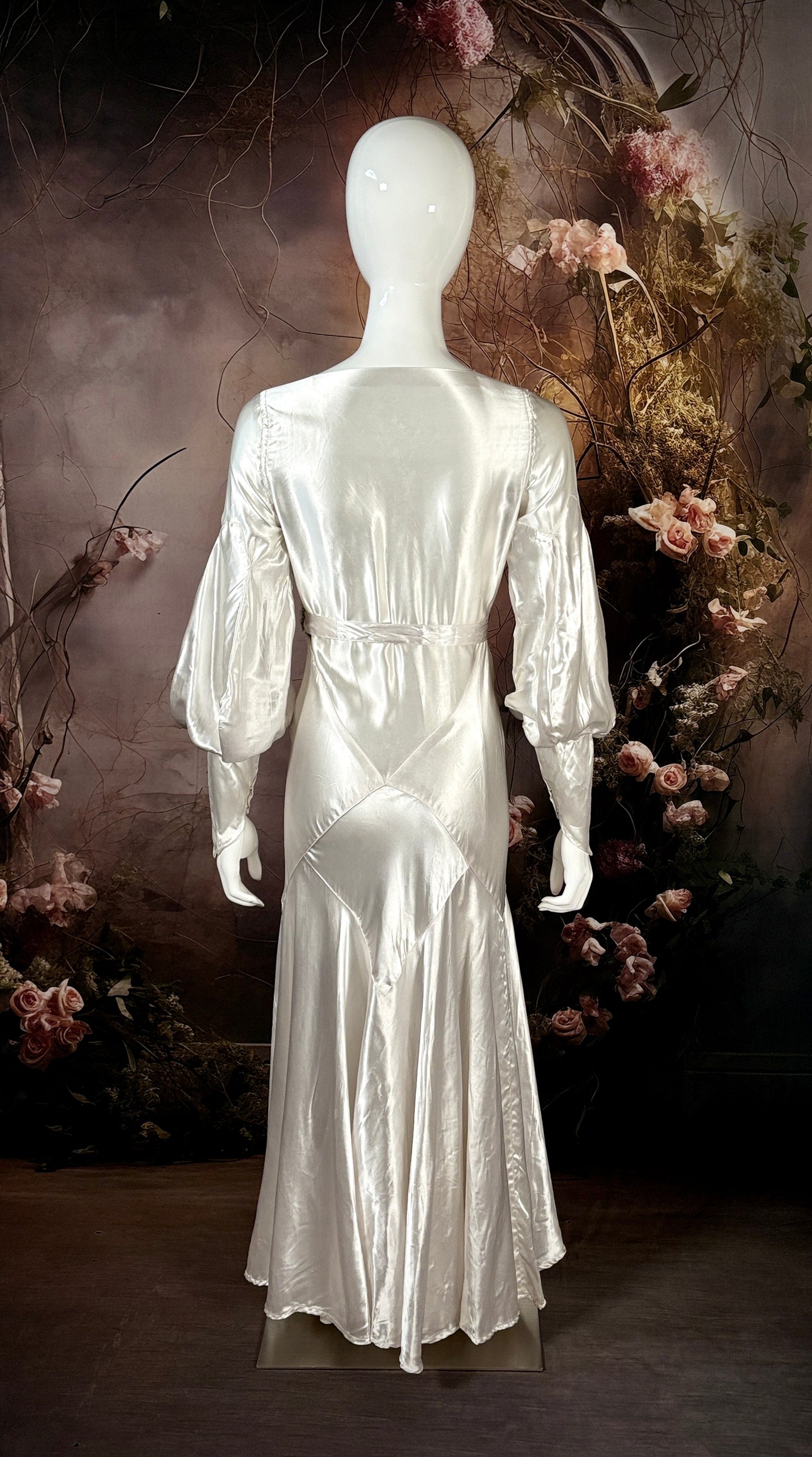 1930s Candlelight Charmeuse Satin Bias Cut Wedding Dress w/Bishop Sleeves