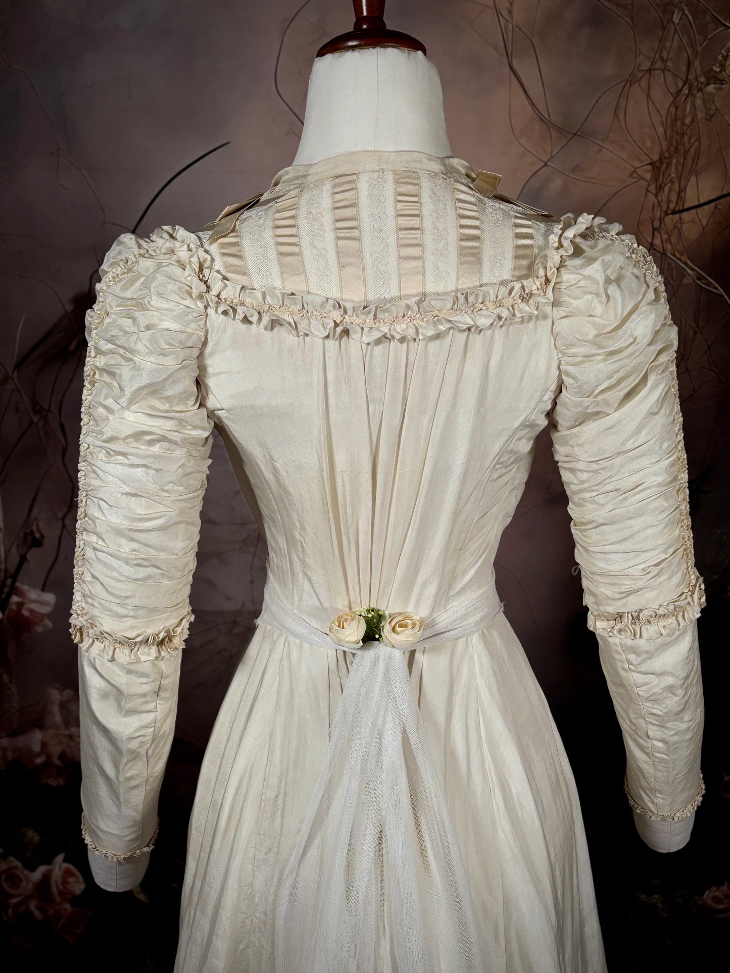 1880s Victorian Moiré Silk Wedding Dress W/Brush Train
