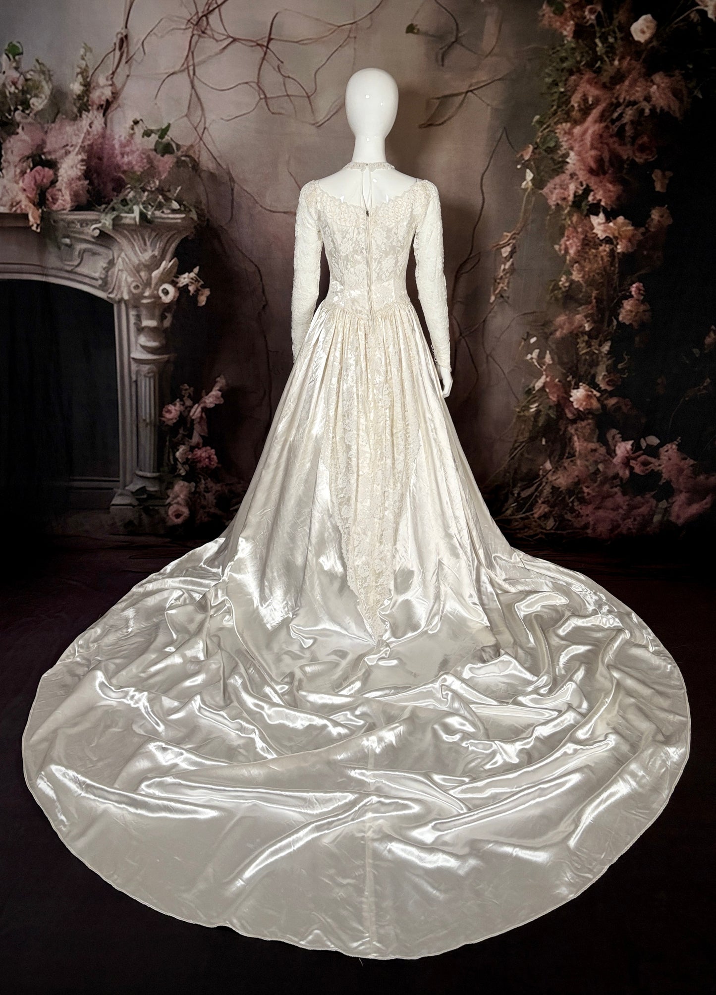 1940s Liquid Satin & Silk Lace Wedding Dress w/Chapel Train - Little Rose Bridal