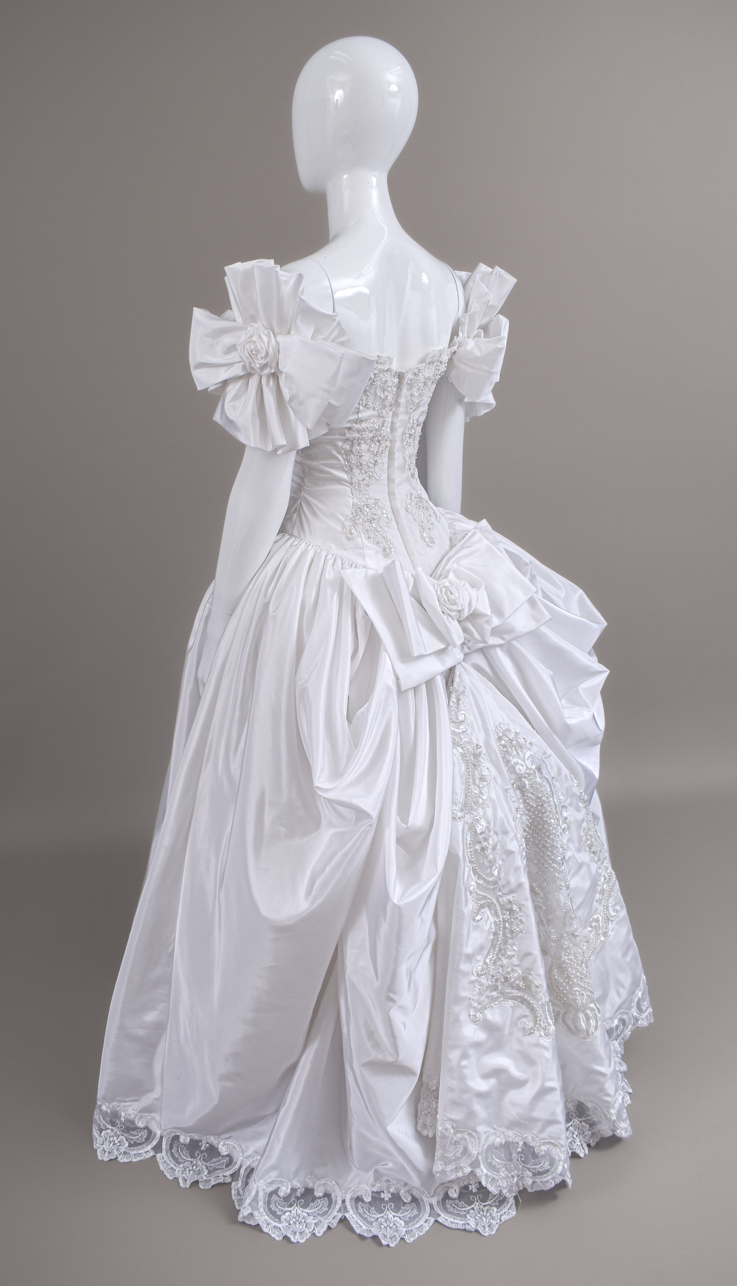 1990s Off-The-Shoulder Beaded Taffeta Satin Wedding Dress, W/Cathedral Train Sz 2/4