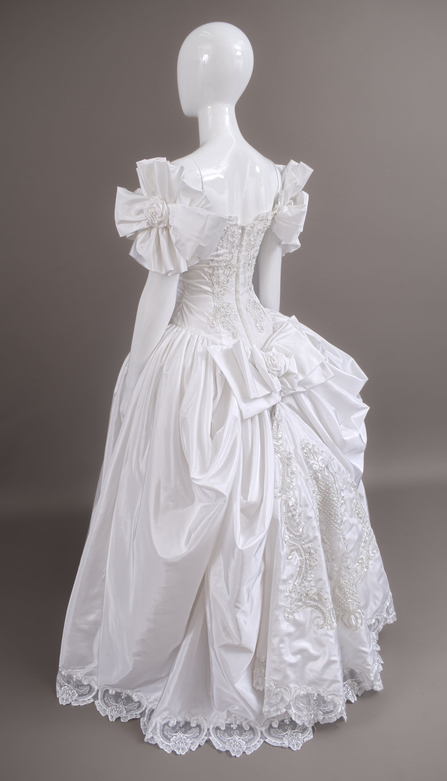 1990s Off-The-Shoulder Beaded Taffeta Satin Wedding Dress, W/Cathedral Train Sz 2/4
