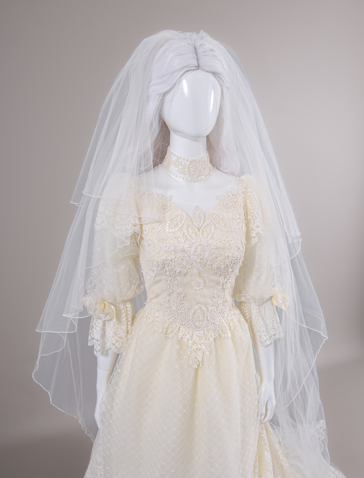 1980s Victorian-Inspired Dotted Tulle & Lace Wedding Dress w/Lace Rosettes & Cathedral Train