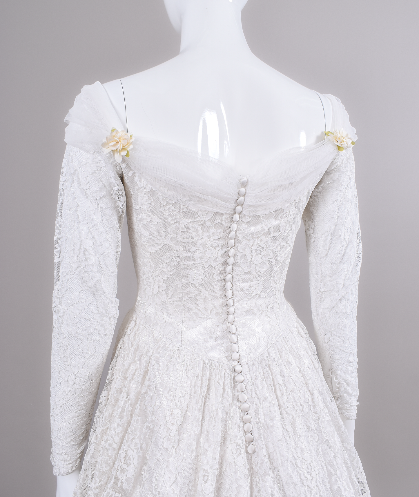 1950s Reimagined Lace Wedding Dress w/Silk Flowers and Trailing Train