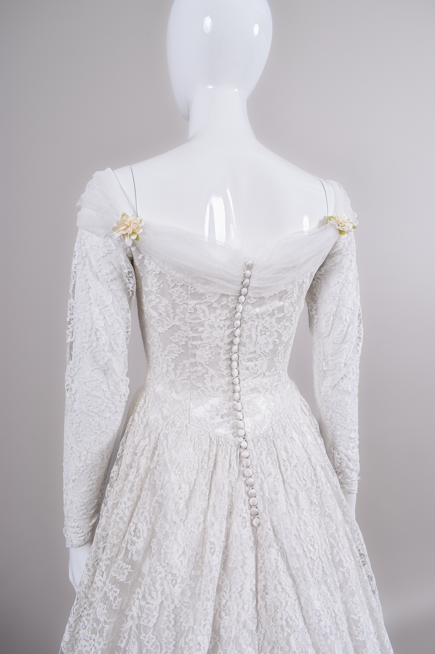 1950s Reimagined Lace Wedding Dress w/Silk Flowers and Trailing Train