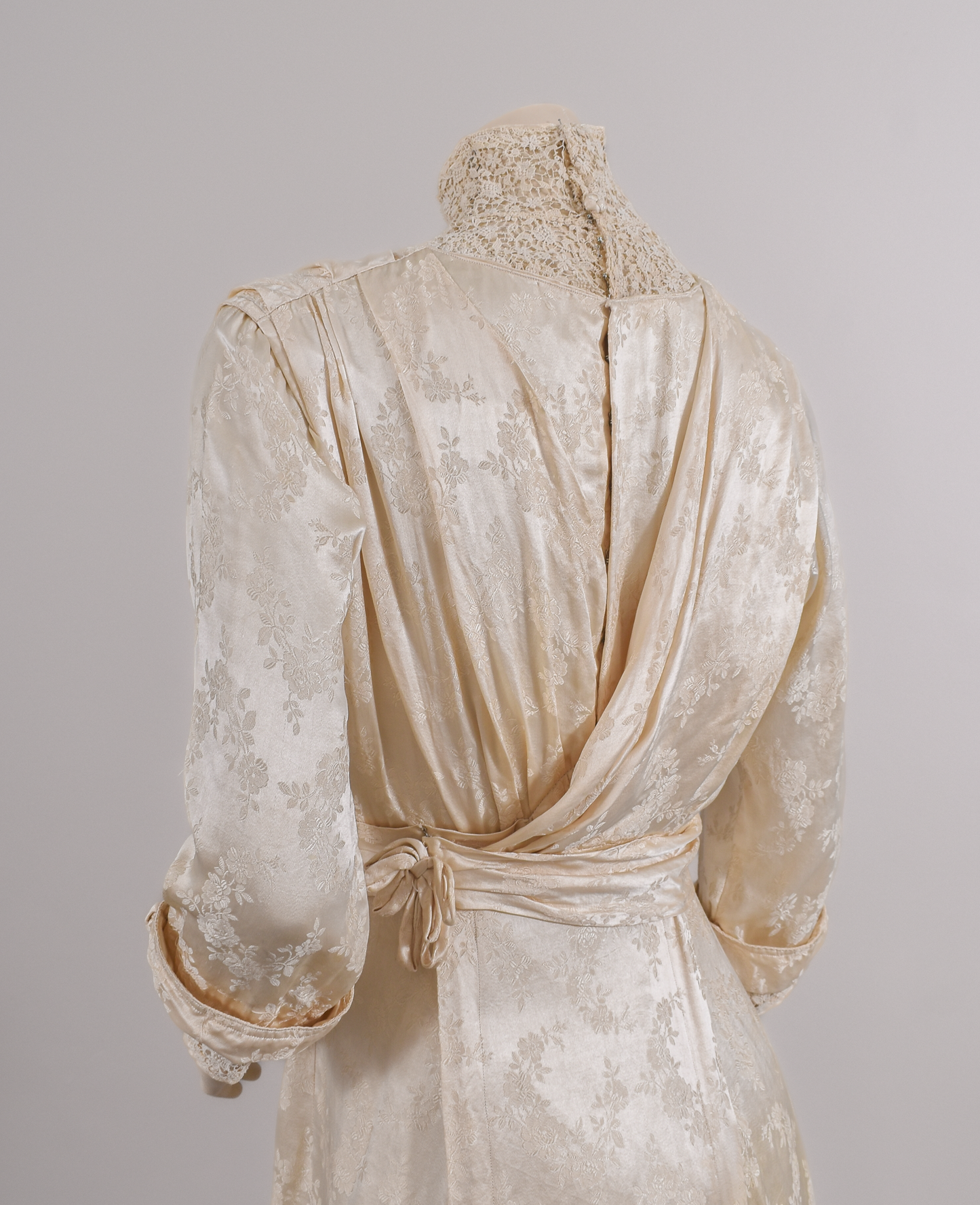 1900s Edwardian Floral Silk Satin Damask & Bobbin Lace Tea Gown