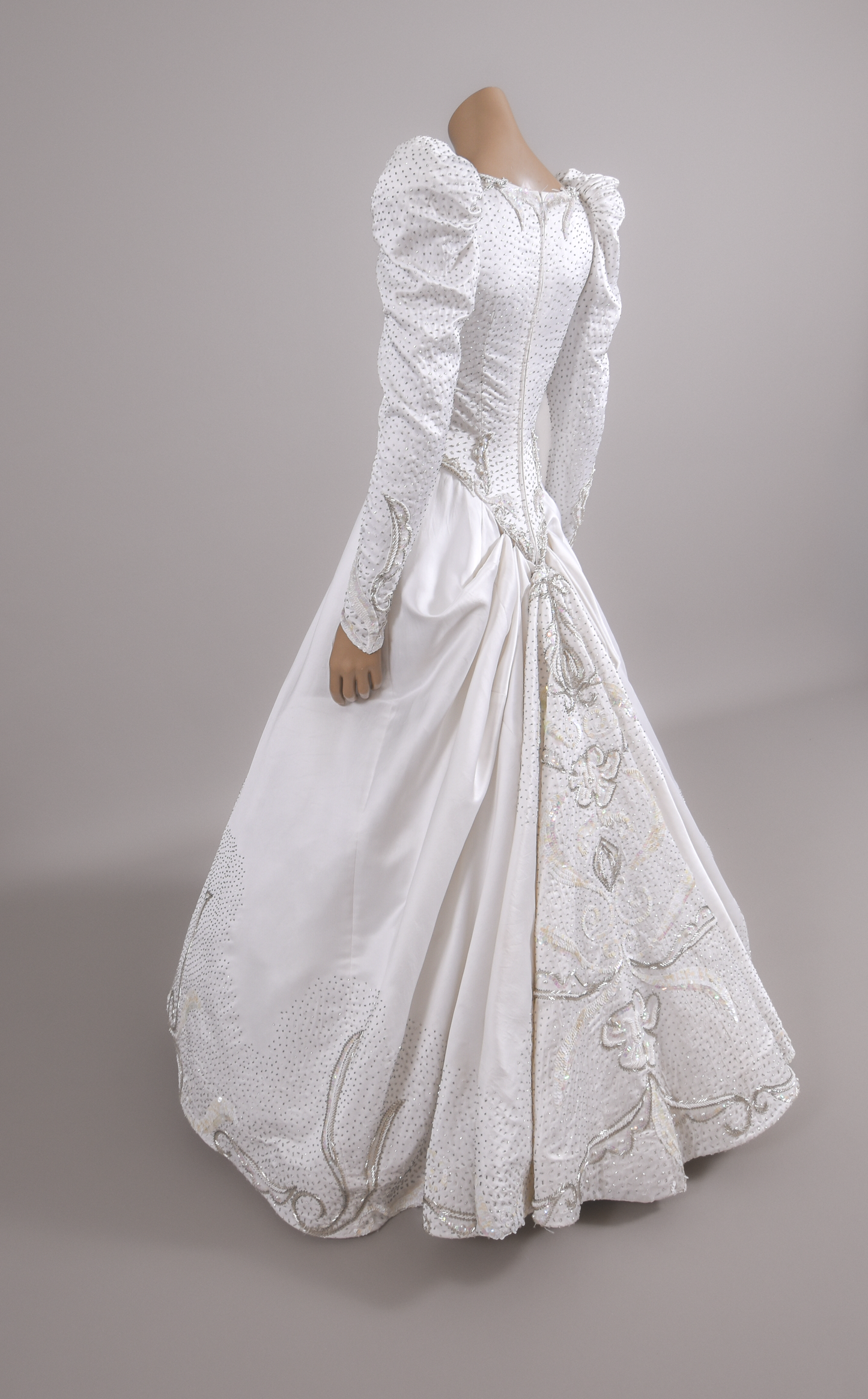 1990s Regal Eva Haynal Forsyth Silk Charmeuse Wedding Gown w/Silver Beadwork and Cathedral Train