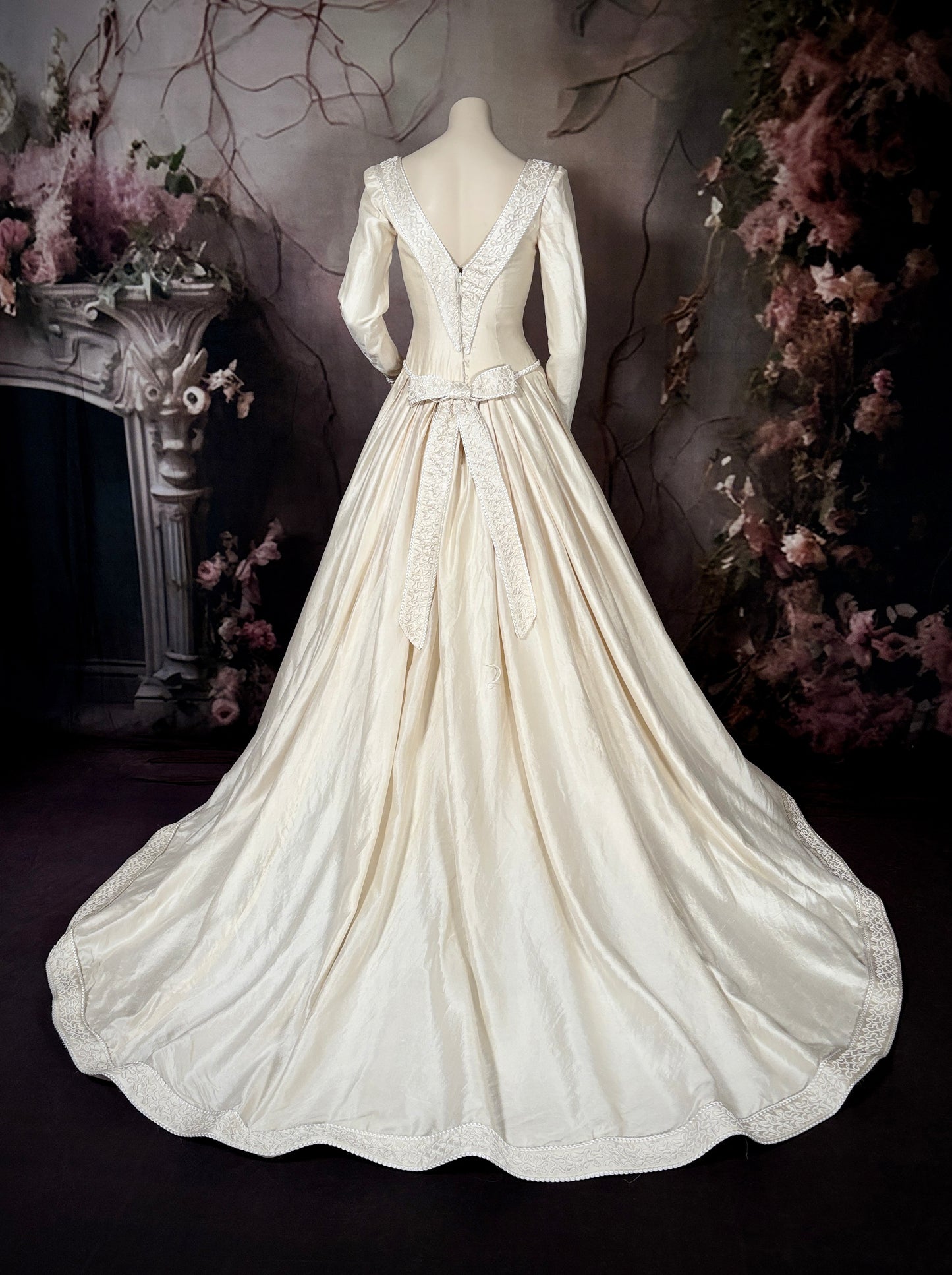 1990s Renaissance Inspired Silk Mikado Wedding Dress w/Trailing Train