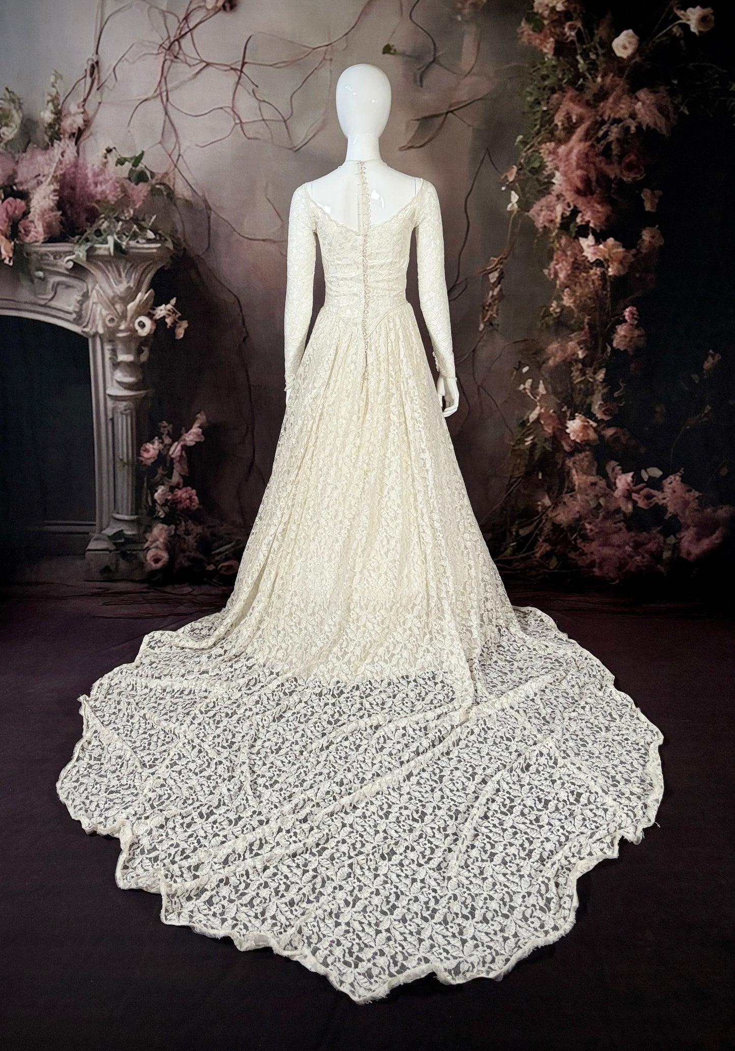 1950s Alencon Lace & Liquid Satin Wedding Dress w/Chapel Train