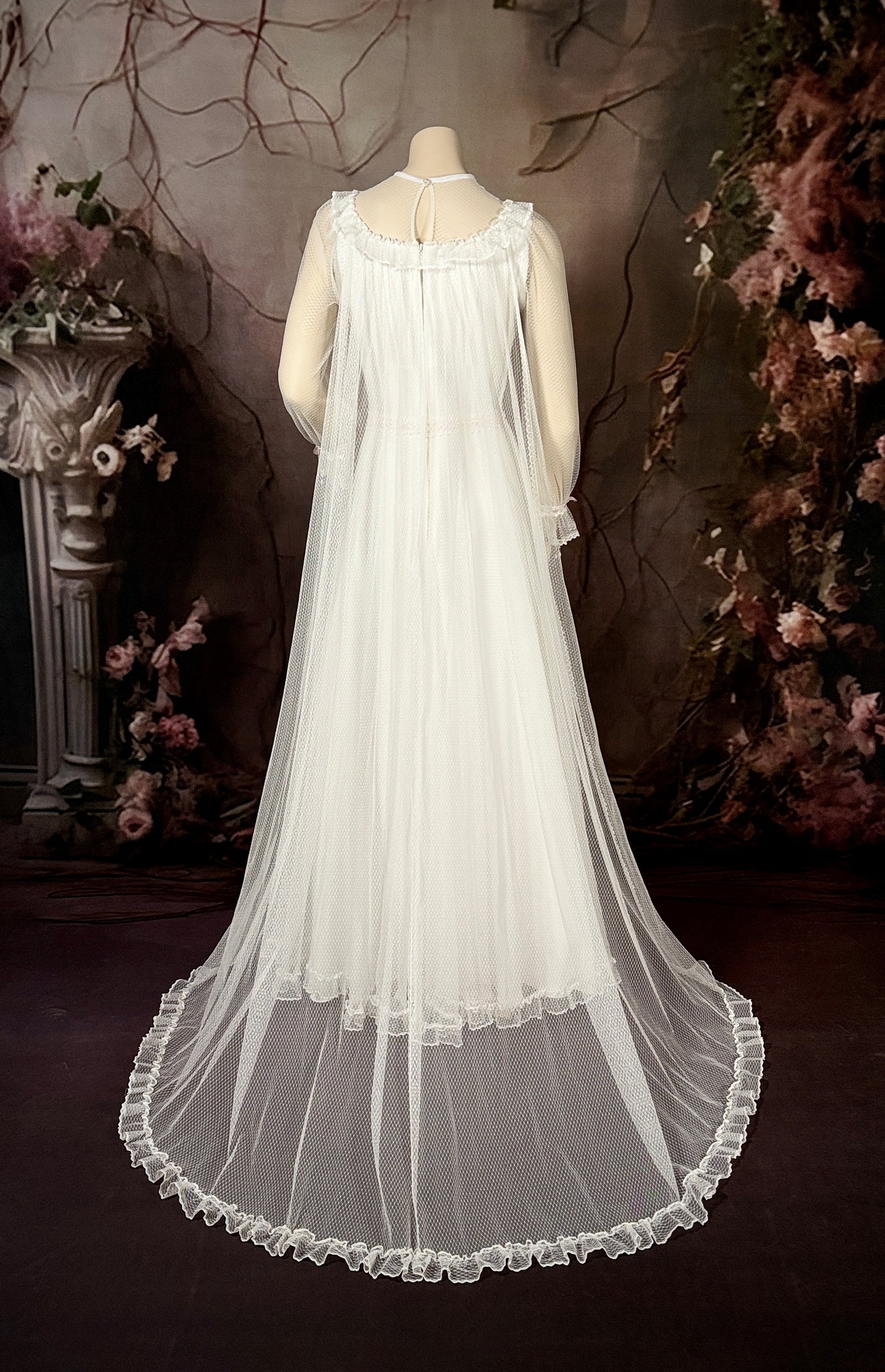 1960s Nylon Dotted Tulle/Crêpe de Chine Wedding Dress w/Princess Cape & Pink Silk Ribbon