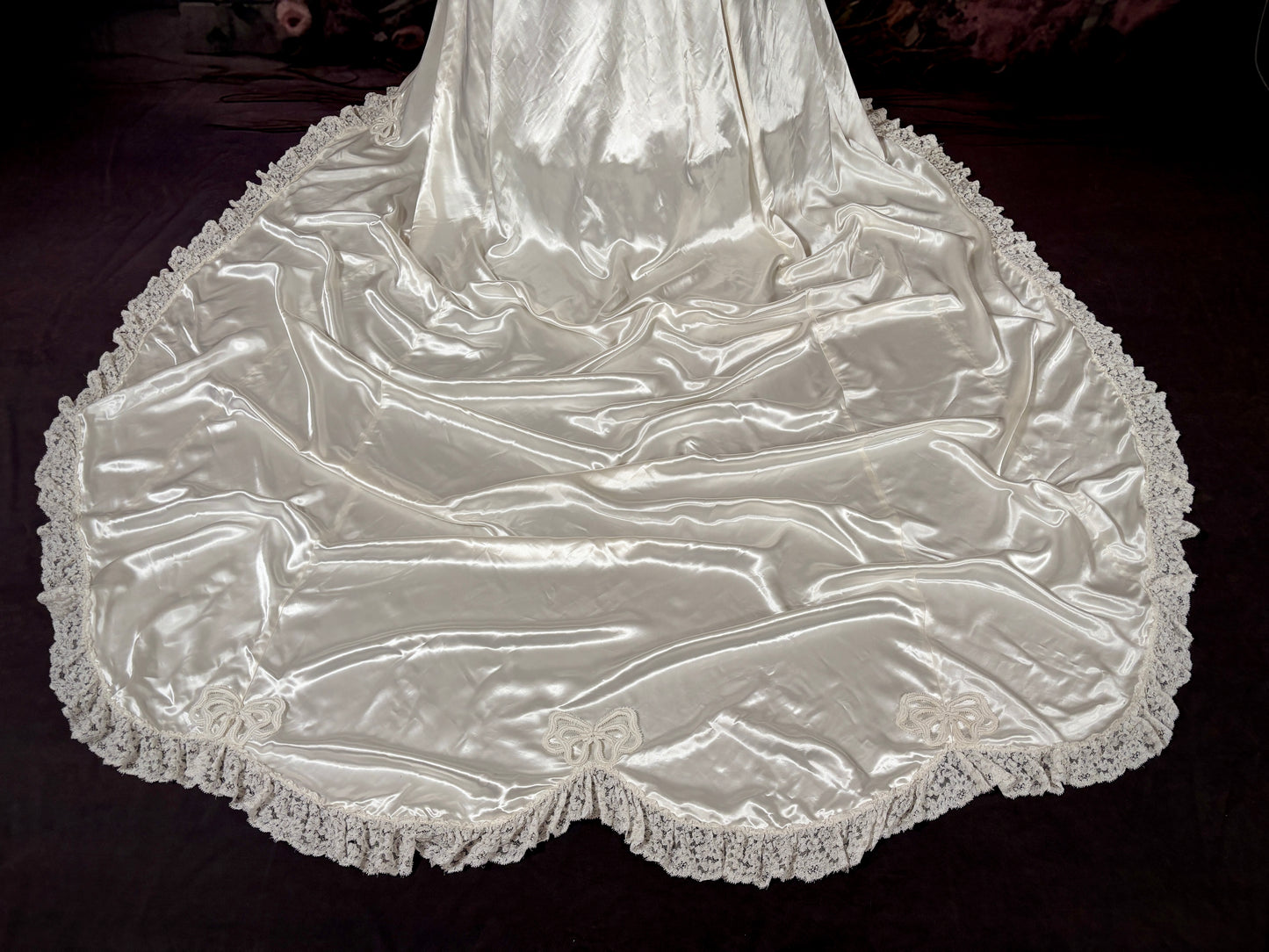 1950's Candlelight Satin Wedding Dress w/Ruffled Lace & Cathedral Train