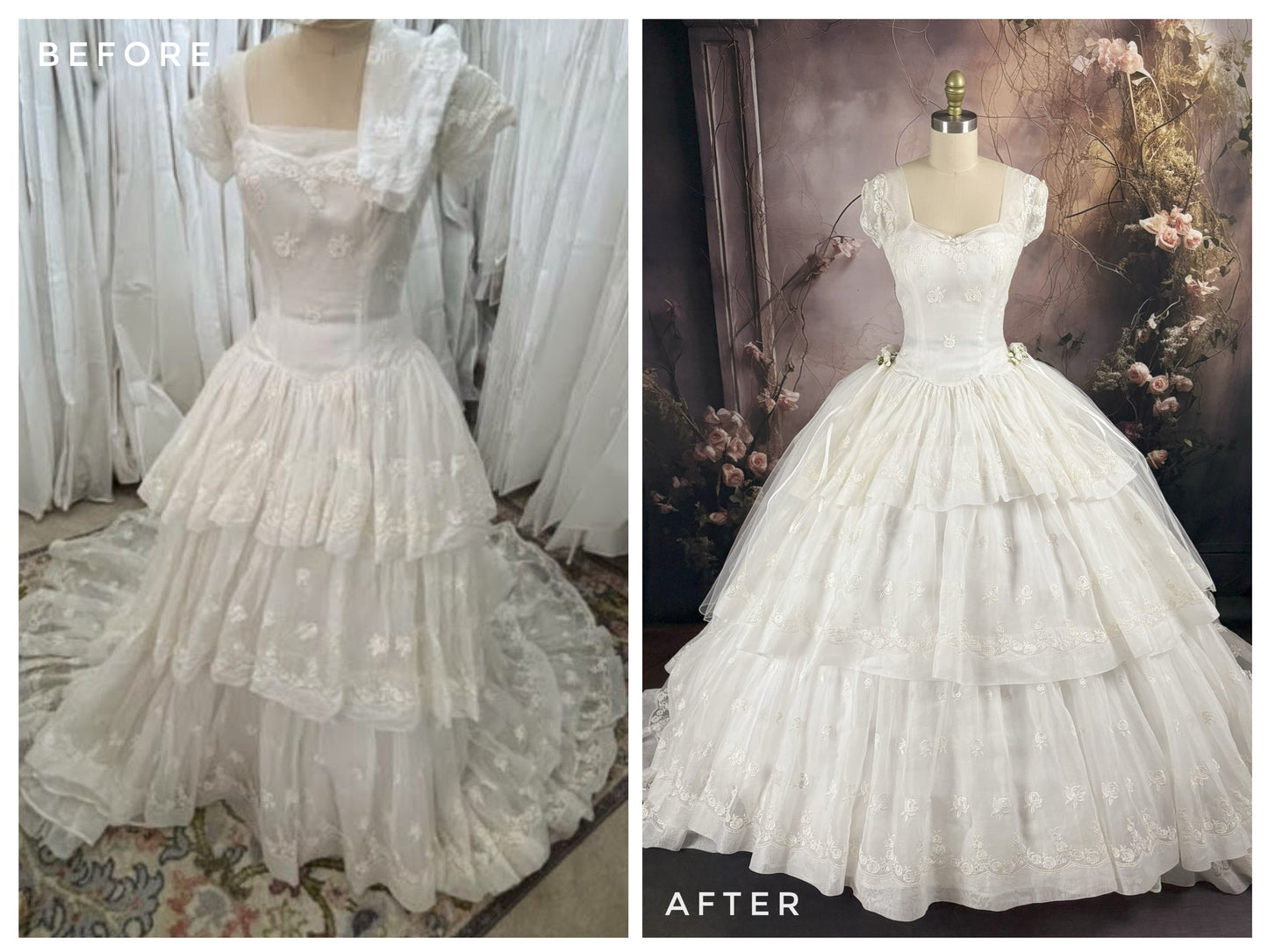 1950s Reimagined Cupcake Tiered Rose Wedding Dress & Trailing Train