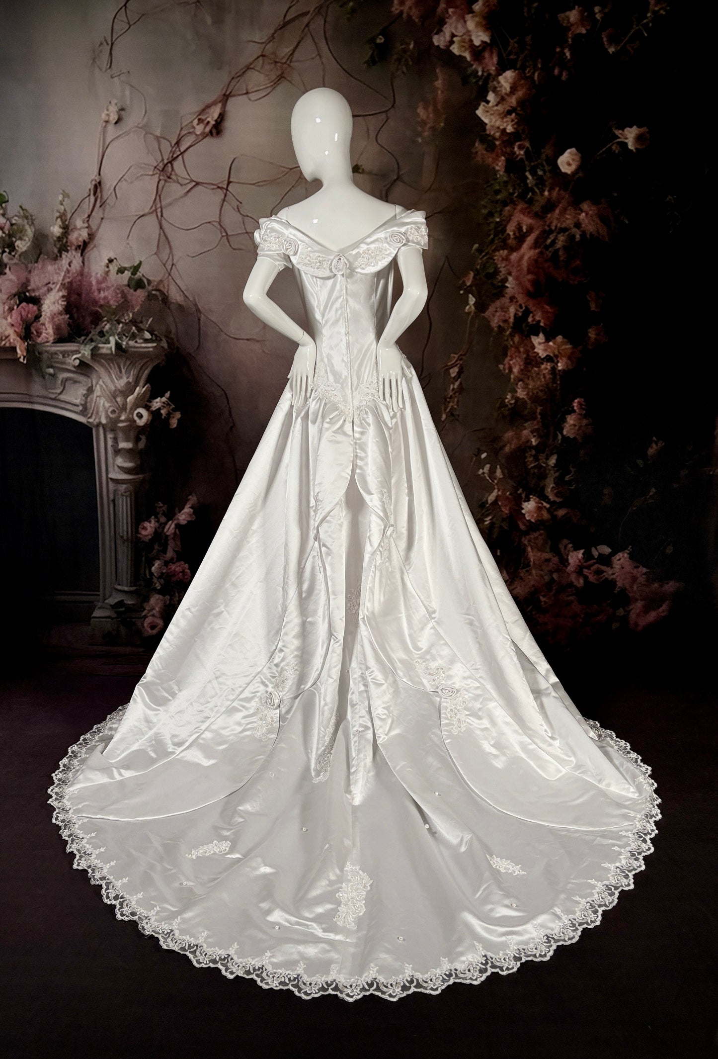1990's Dutchess Satin Rose Wedding Dress W/Chapel Train - Little Rose Bridal