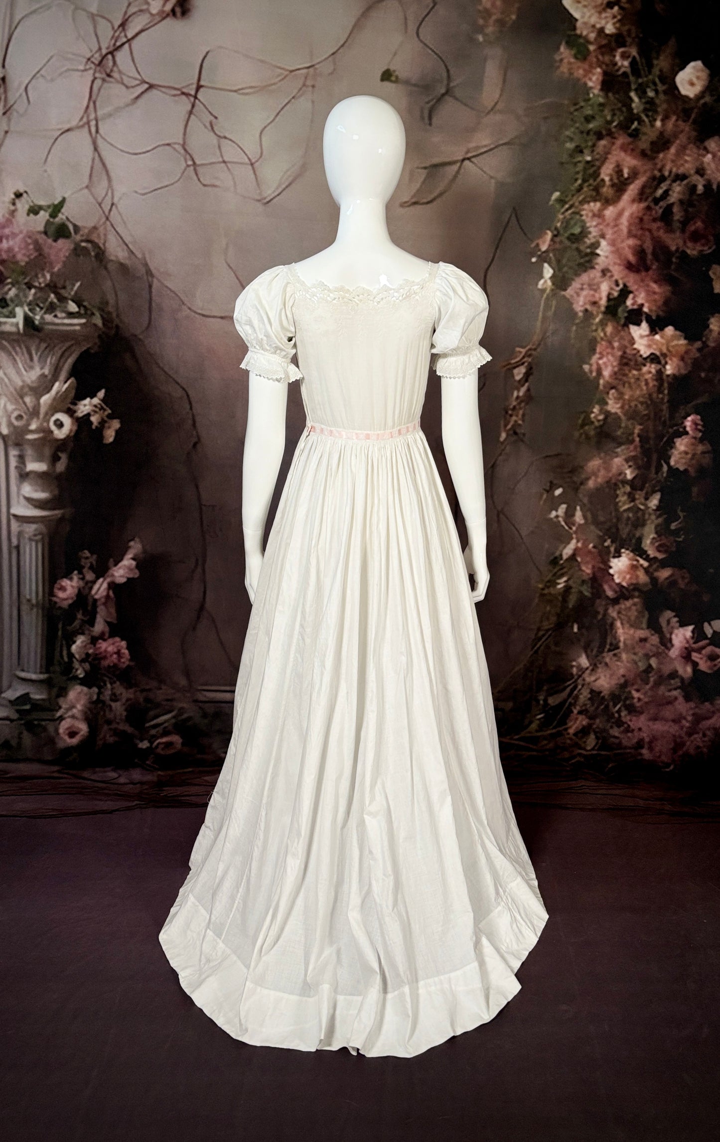 1850s Cotton Batiste Slip Dress w/Puff Sleeves, Pink Silk Ribbon & Brush Train - Little Rose Bridal