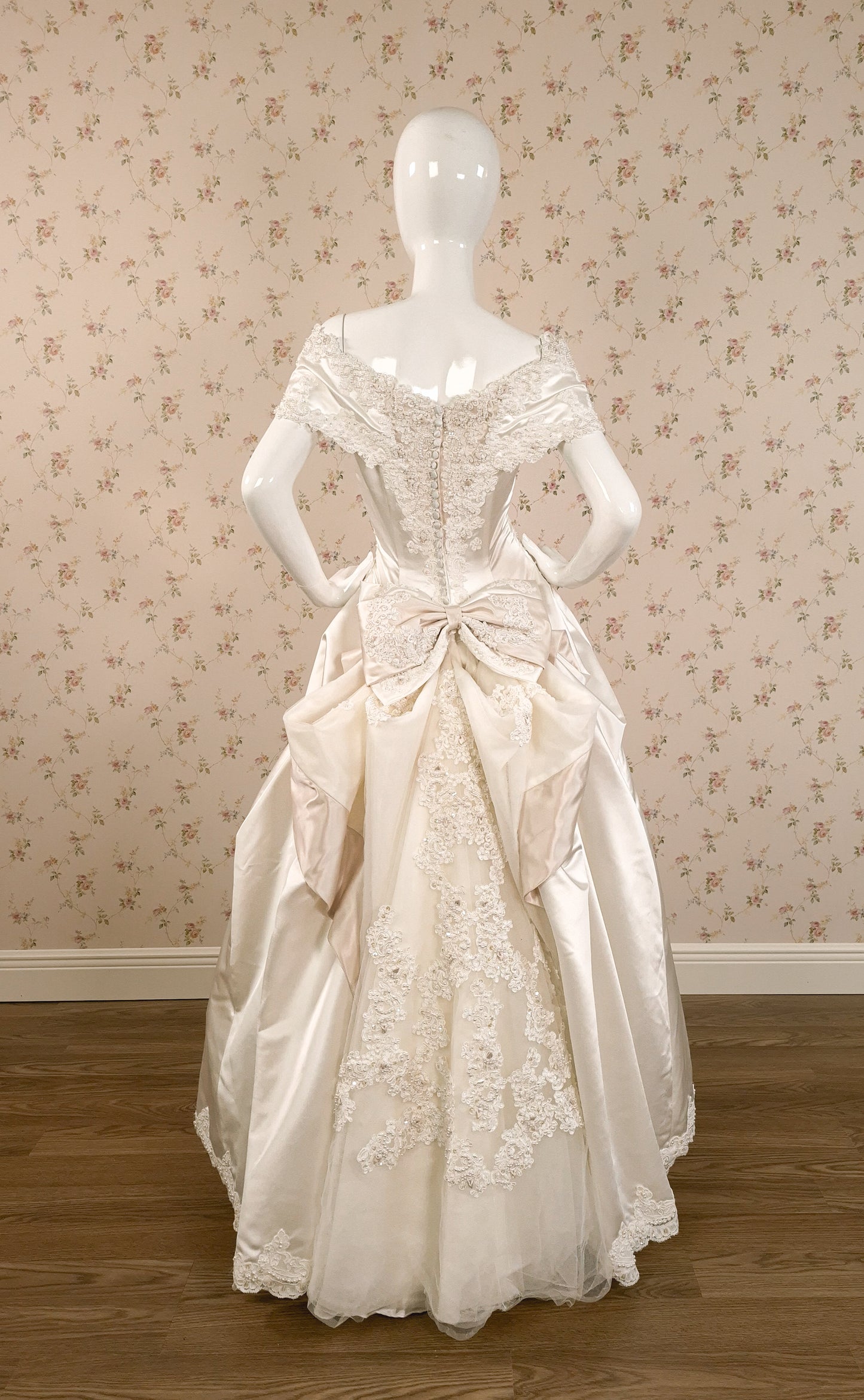 1990s Duchesse Satin Beaded Ribbon Rose Wedding Dress & Chapel Train size 8/10 littlerosebridal.com