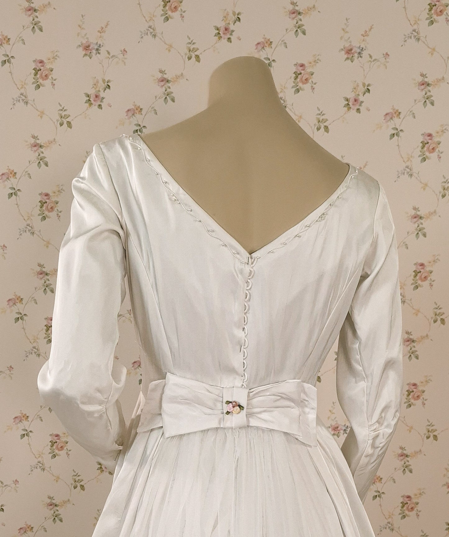1950s "Cottage Romance" Reimagined Satin Wedding Gown, Silk Cording & Trailing Train Size 6/8 by littlerosebridal.com