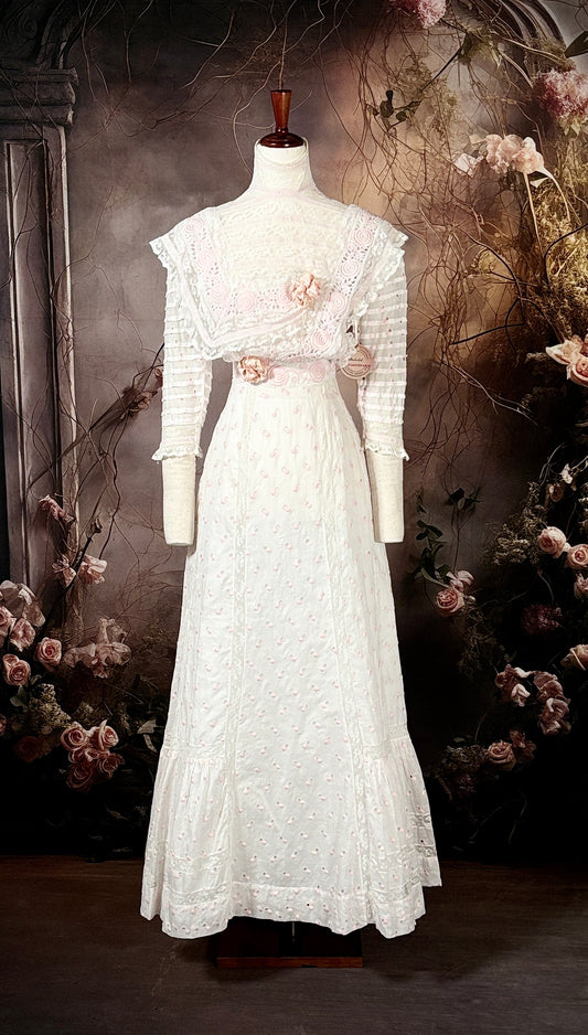 1900s Cotton Batiste & Pink Silk Afternoon Dress "Museum Deaccession"