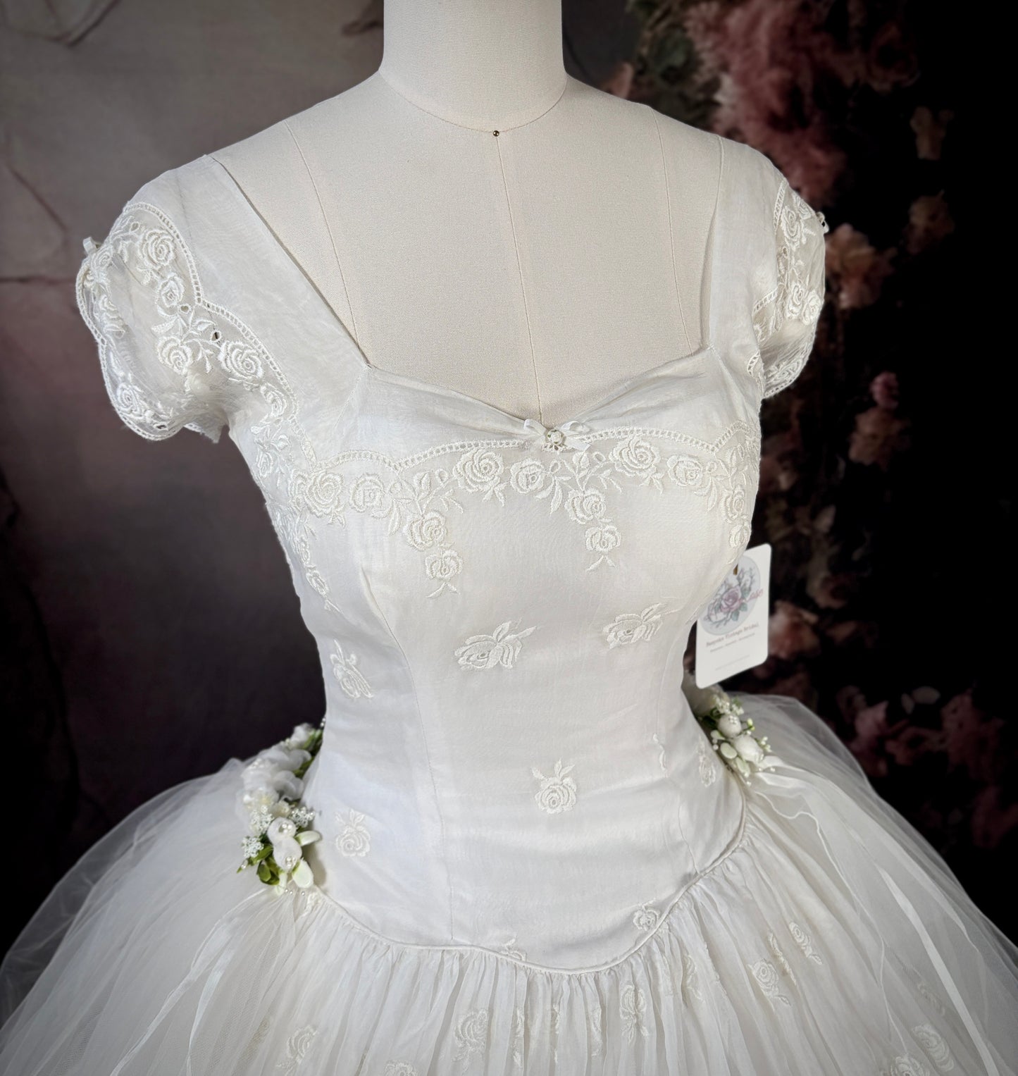 1950s Reimagined Cupcake Tiered Rose Wedding Dress & Trailing Train