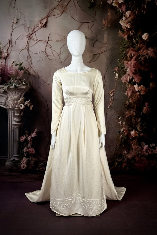 1960s Satin Beaded Sheath Wedding Dress w/Sweep Train