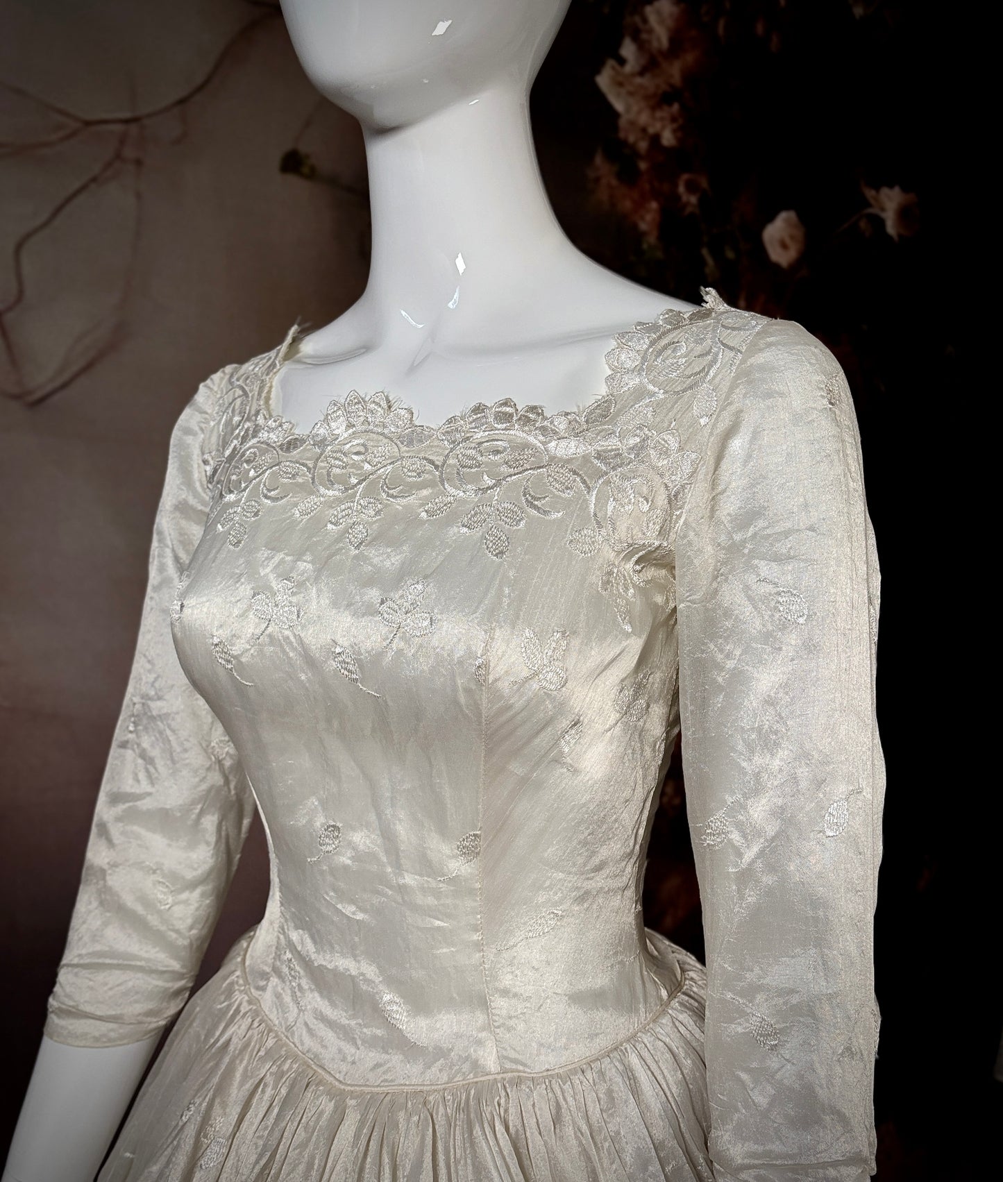 1950s Silk Moiré Embroidered Wedding Dress w/Tiered Sweeping Train