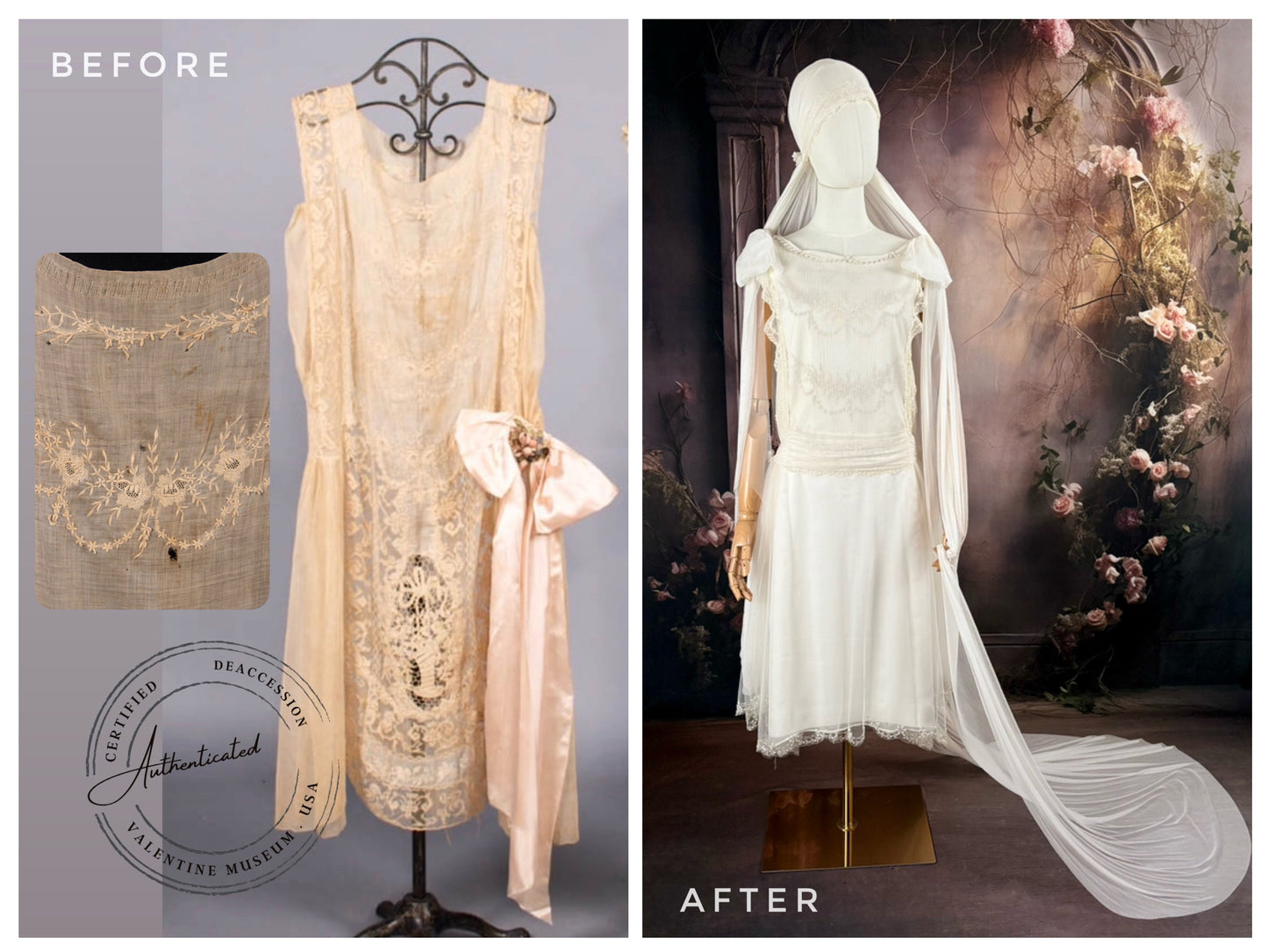 1920s Haute Couture Silk Tulle & Beaded Wedding Dress w/Juliet Veil