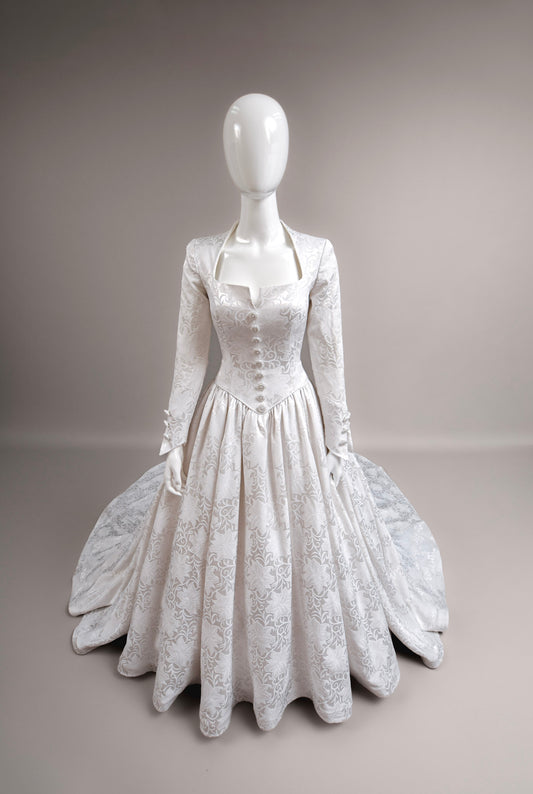 1990s Demetrios Wedding Dress, 18th C. Inspired Silk Brocade Gown w/Chapel Train, Size 8/10
