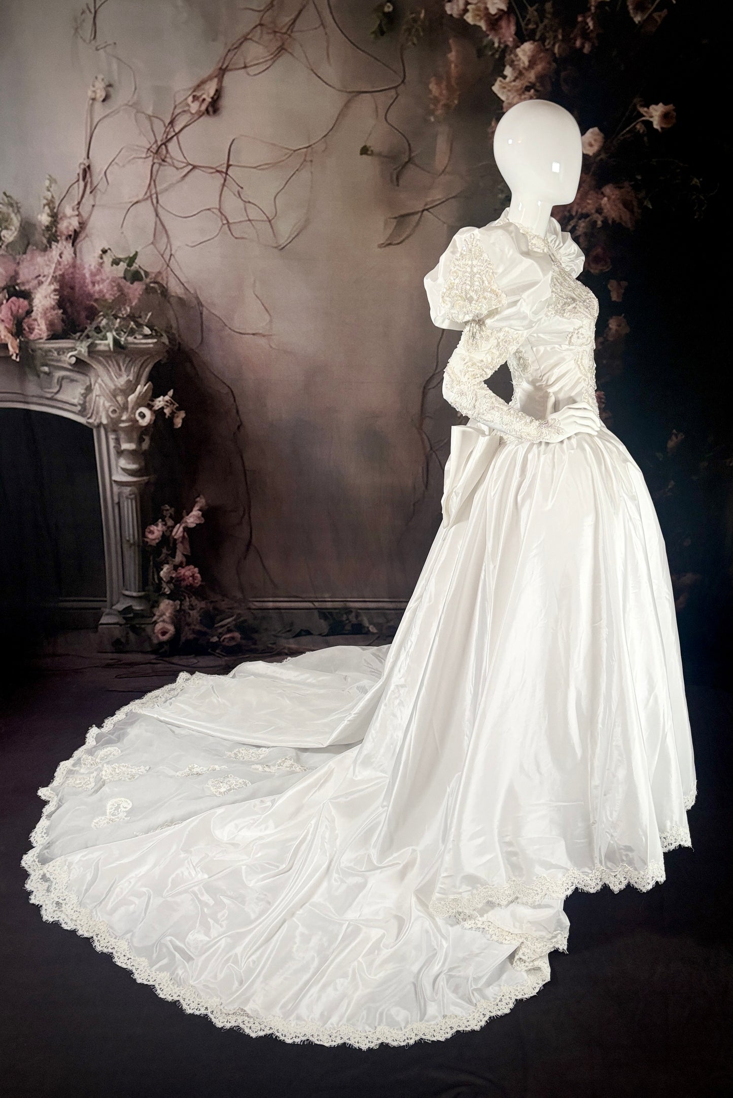 1980s Duchess Satin Wedding Dress, w/Juliet Puff Sleeves & Trailing Train - Little Rose Bridal