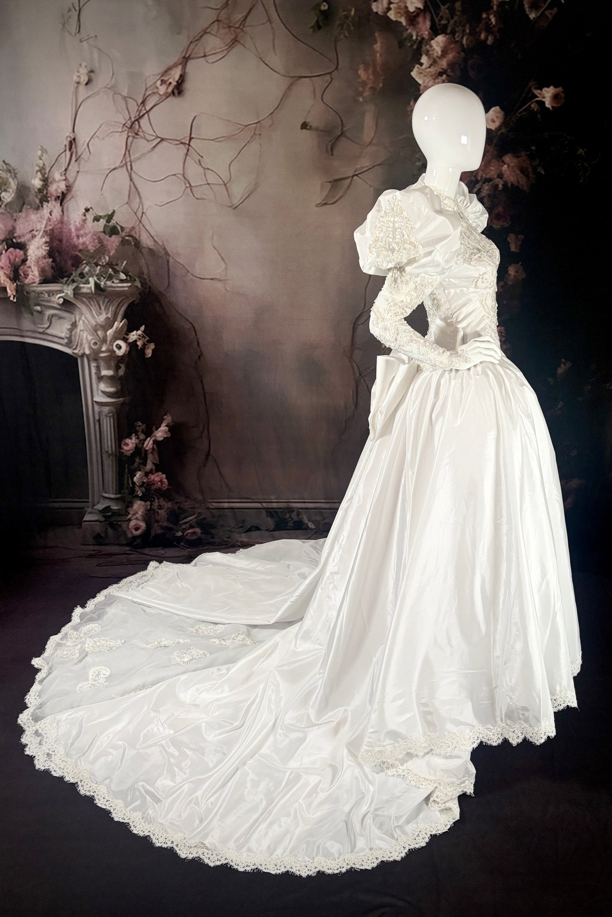 1980s Duchess Satin Wedding Dress, w/Juliet Puff Sleeves & Trailing Train - Little Rose Bridal
