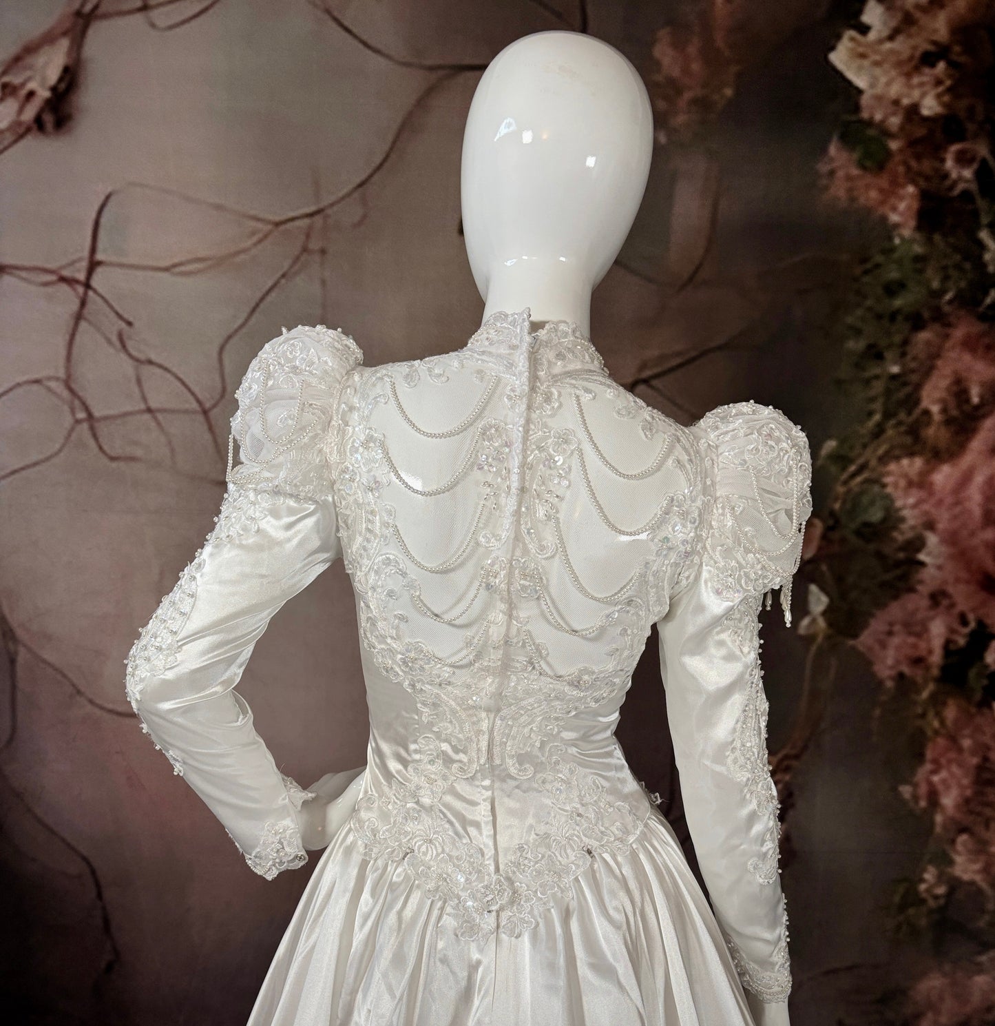 1980's Satin Wedding Dress w/Beaded Puff Sleeves & Chapel Train - Little Rose Bridal