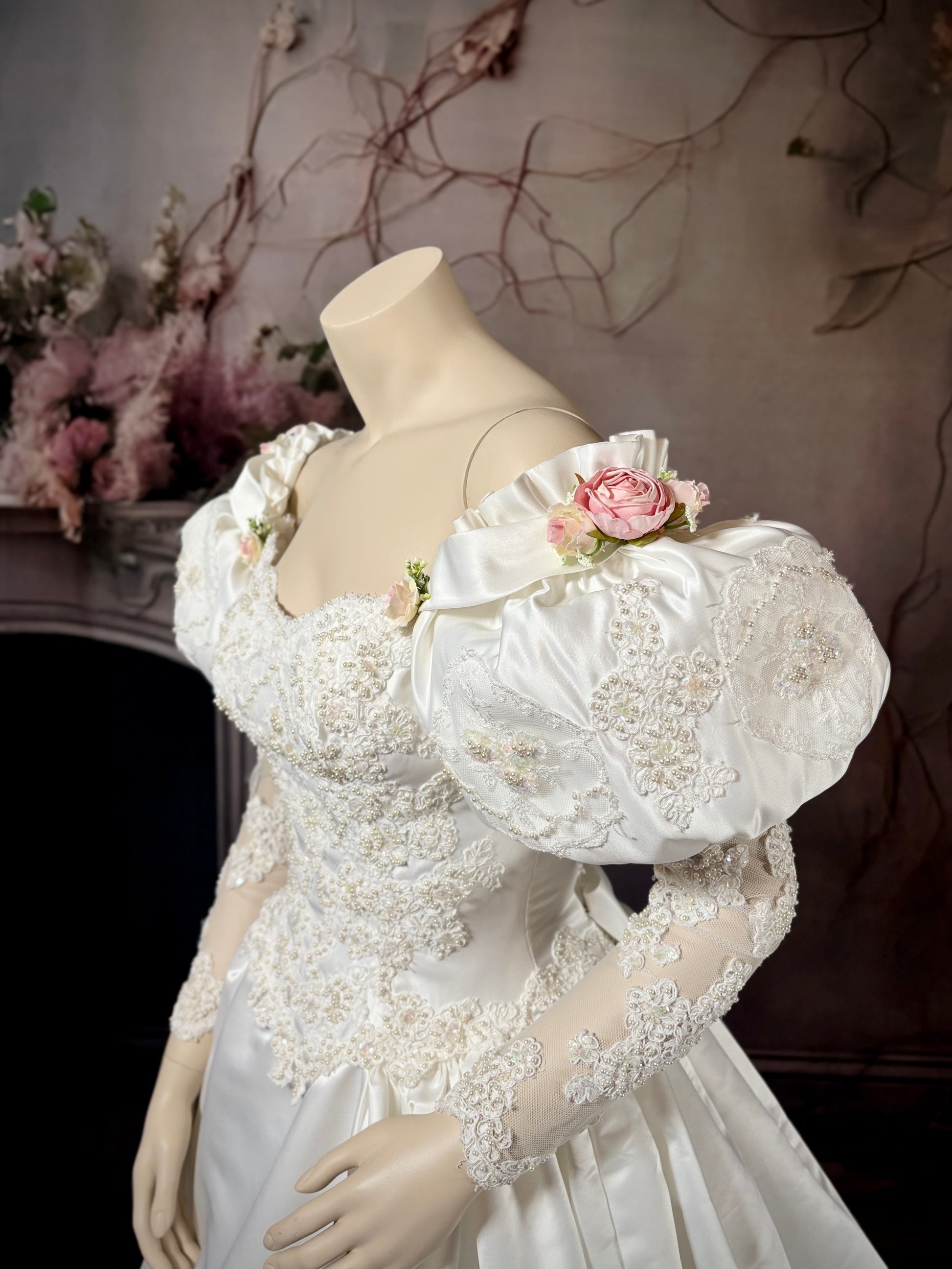 1980's Rose Princess Satin & Lace Wedding Dress w/Juliet Puff Sleeves & Chapel Train size 2 1980's Rose Princess Satin & Lace Wedding Dress w/Juliet Puff Sleeves & Chapel Train size 2