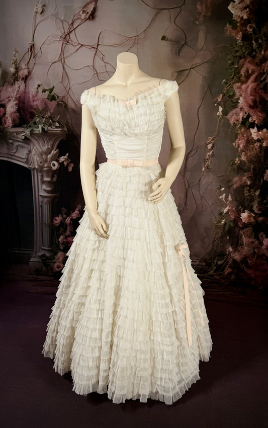 1950s Atelier Tiered Chiffon & Pink Velvet Ribbon Wedding Dress