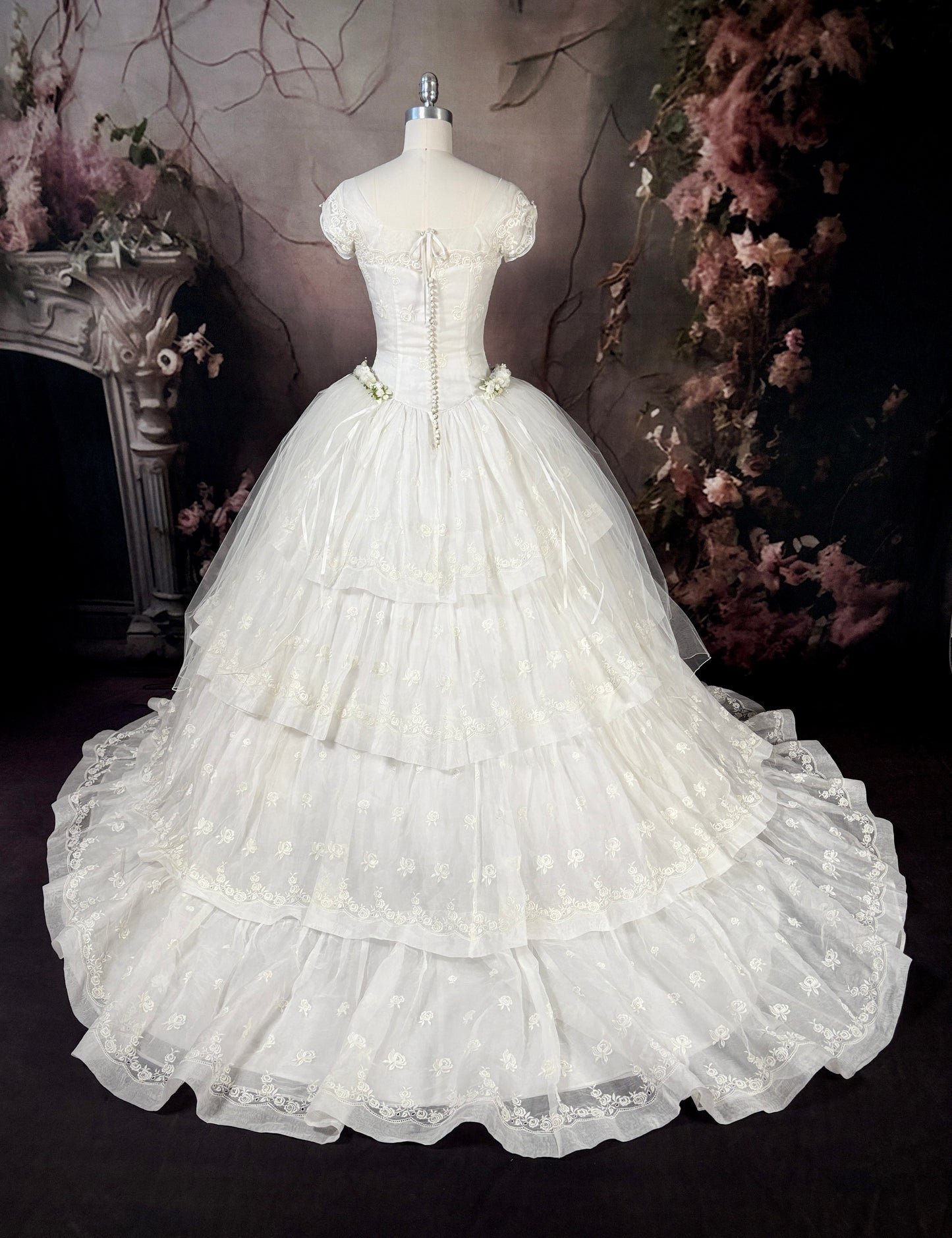 1950s Reimagined Cupcake Tiered Rose Wedding Dress & Trailing Train