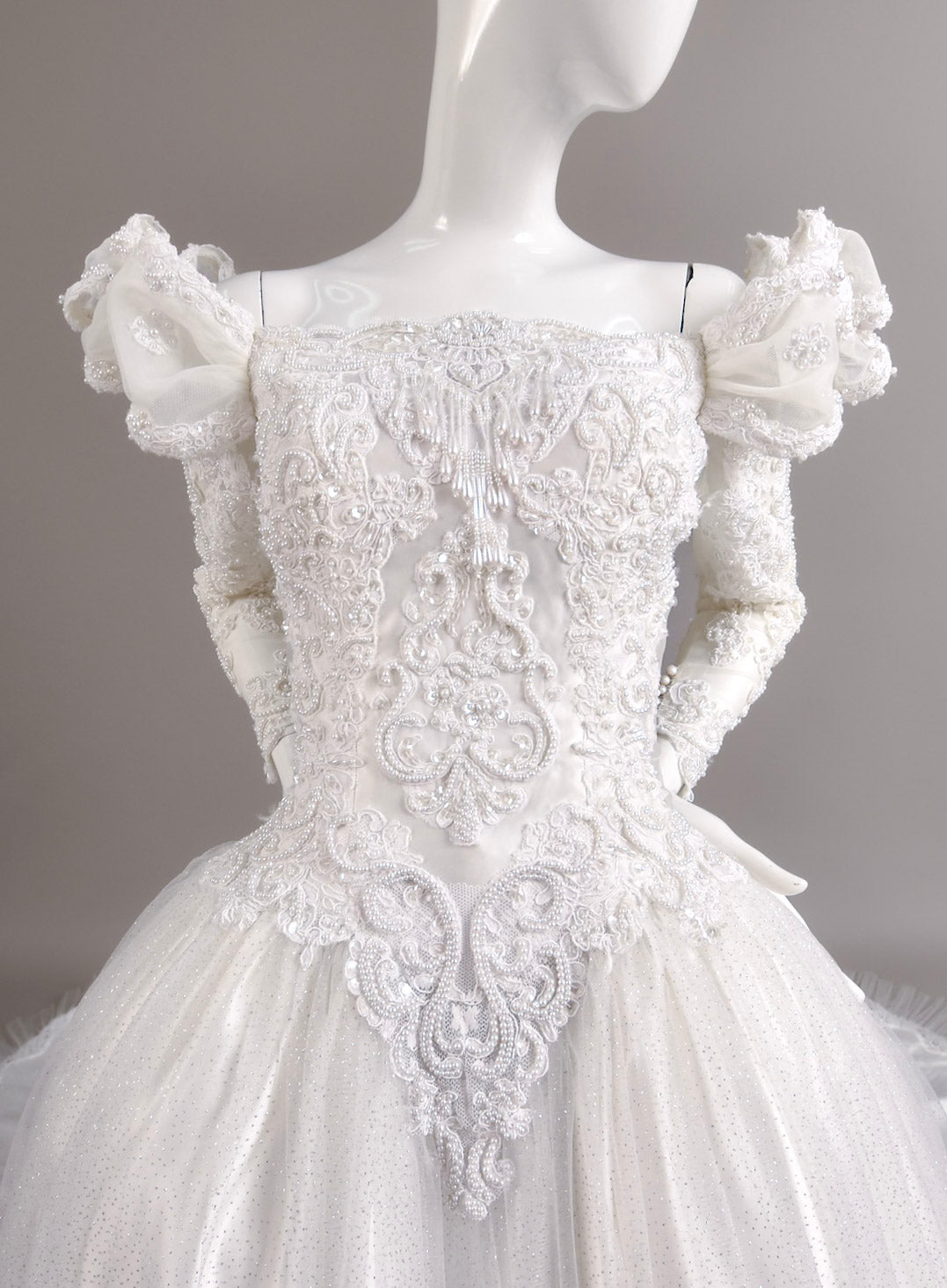 1980s Reimagined Antoinette Duchess Satin & Glitter Tulle Wedding Dress w/Chapel Train