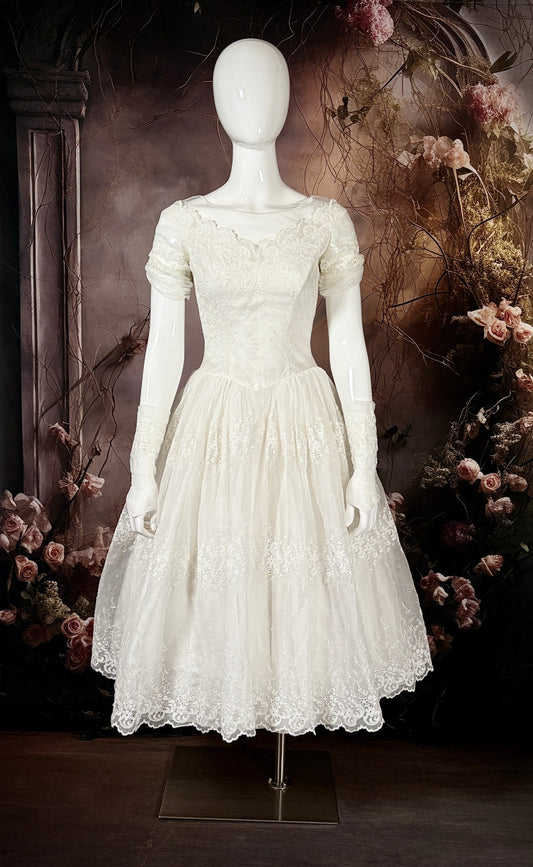 1950s Embroidered Rayon Organza Tea Length Wedding Dress W/Arm Sleeves